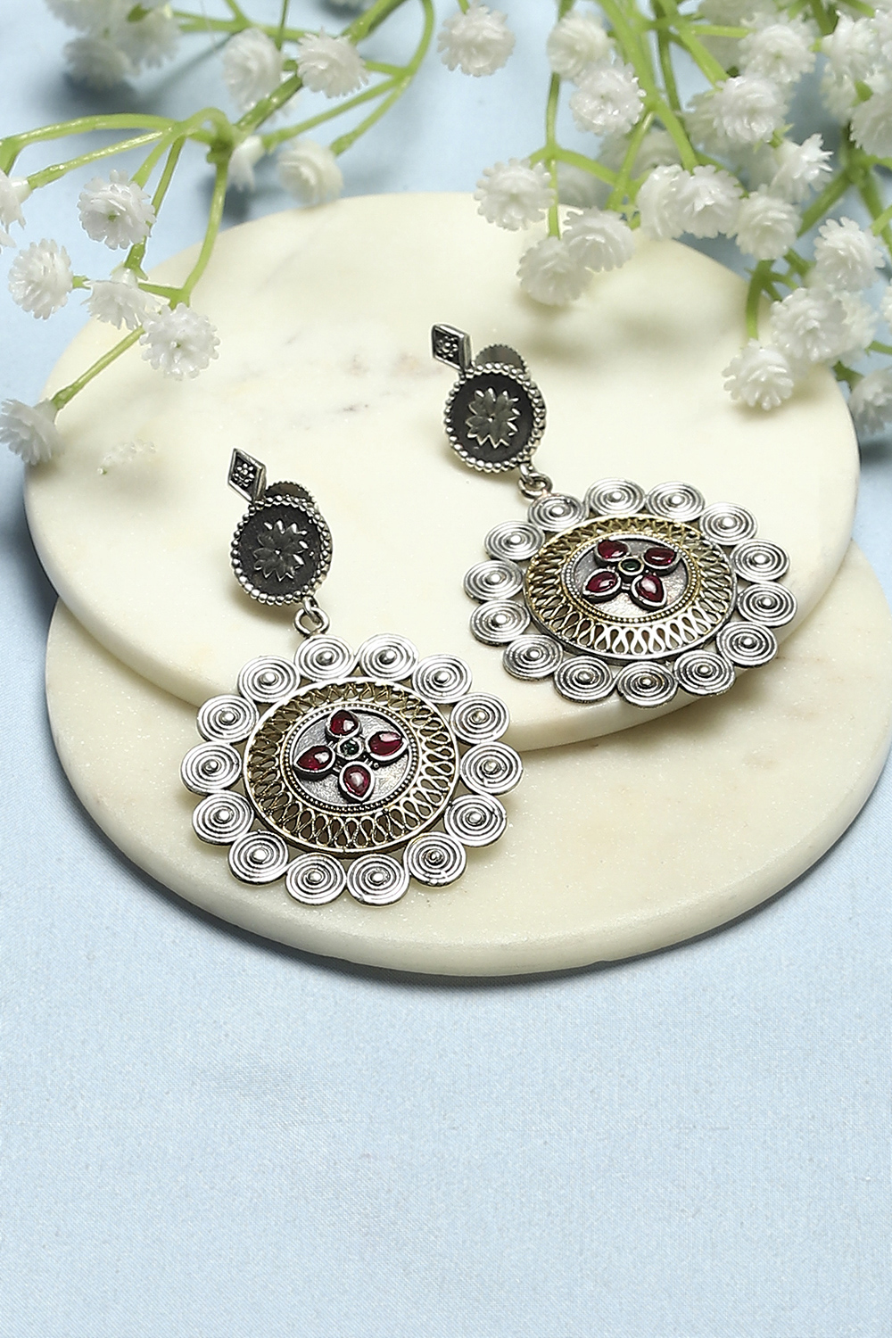 Pink Oxidised Stone Studded Danglers image number 0