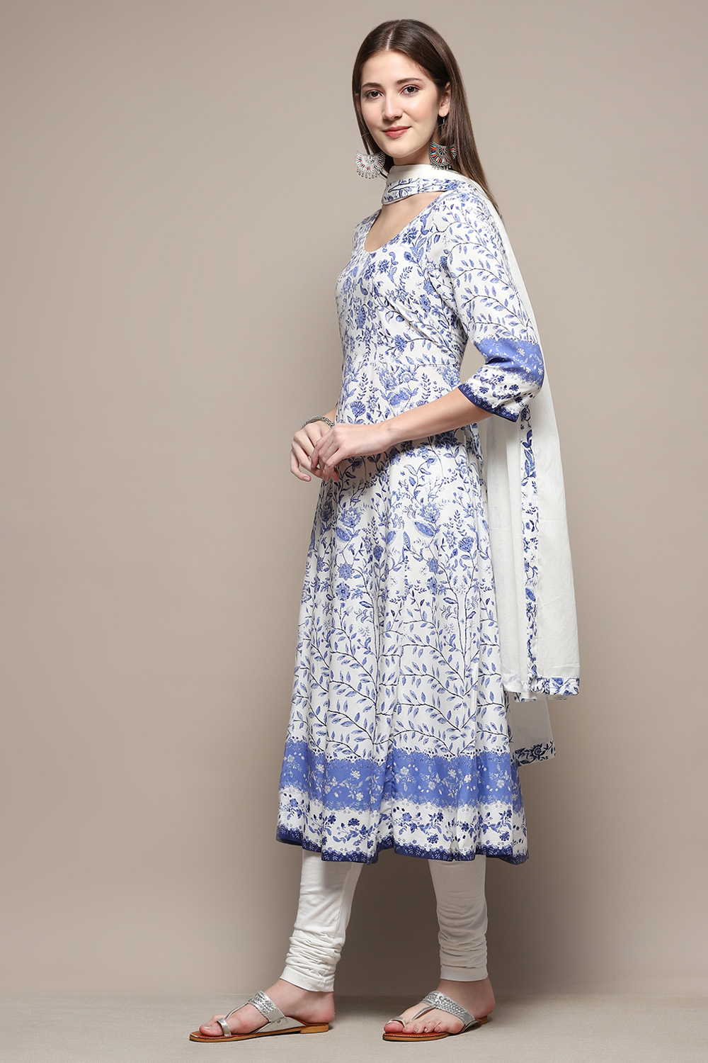 White & Blue Rayon Anarkali Kurta Churidar Suit Set image number 4