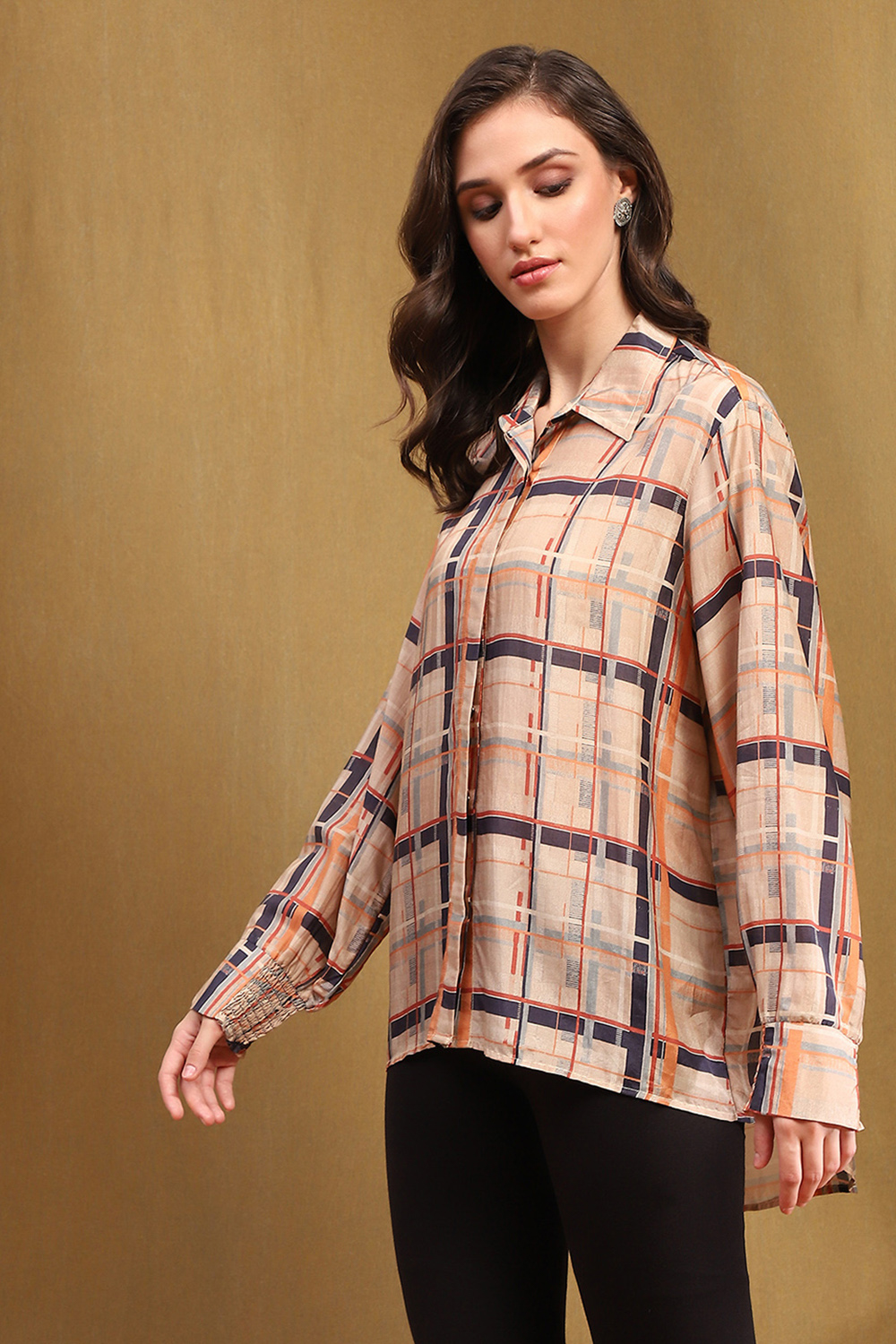 Beige Viscose Blend Checked Shirt-Style Kurti image number 2