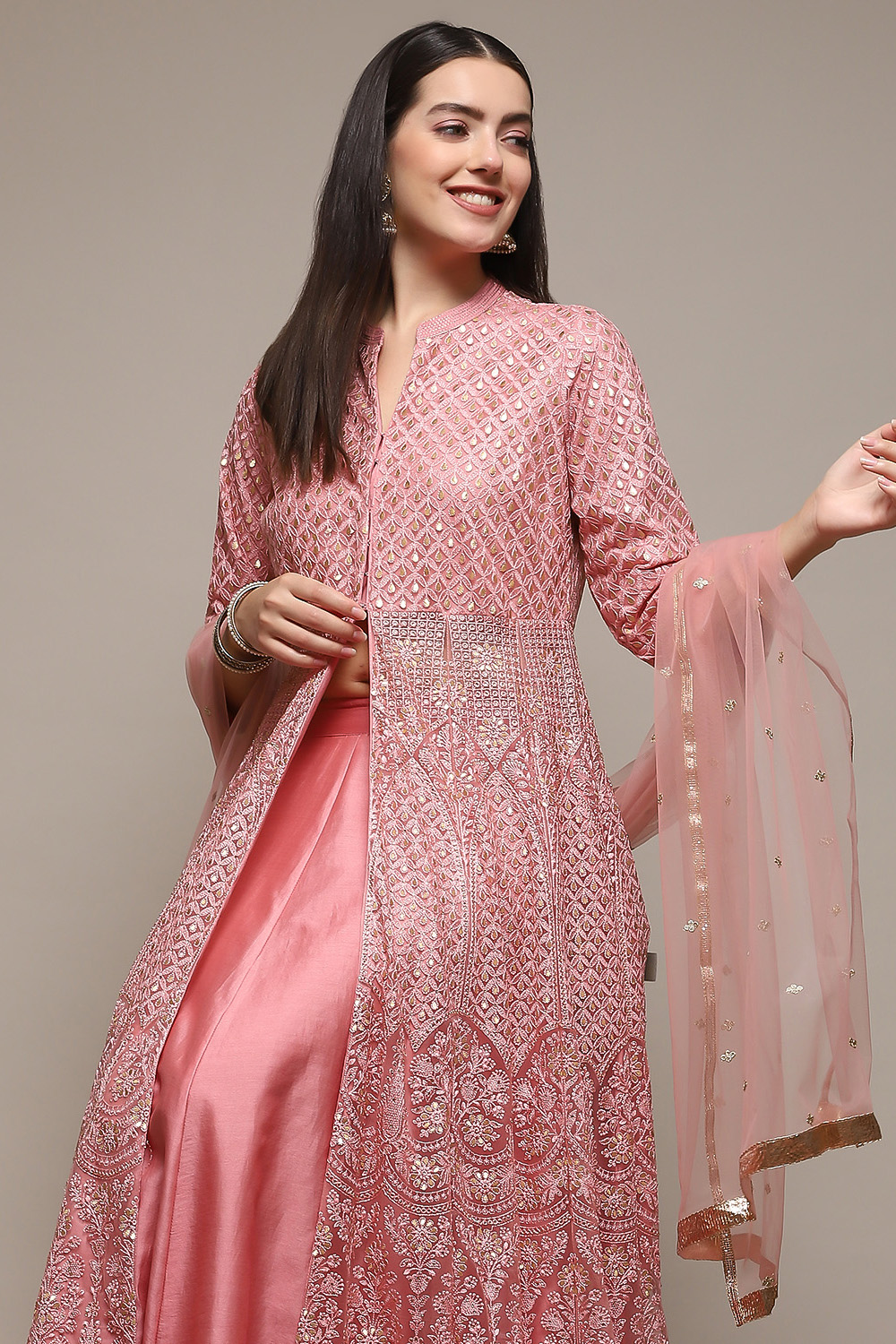 Dusky Pink Polyester Front Open Kurta Lehenga Set image number 0