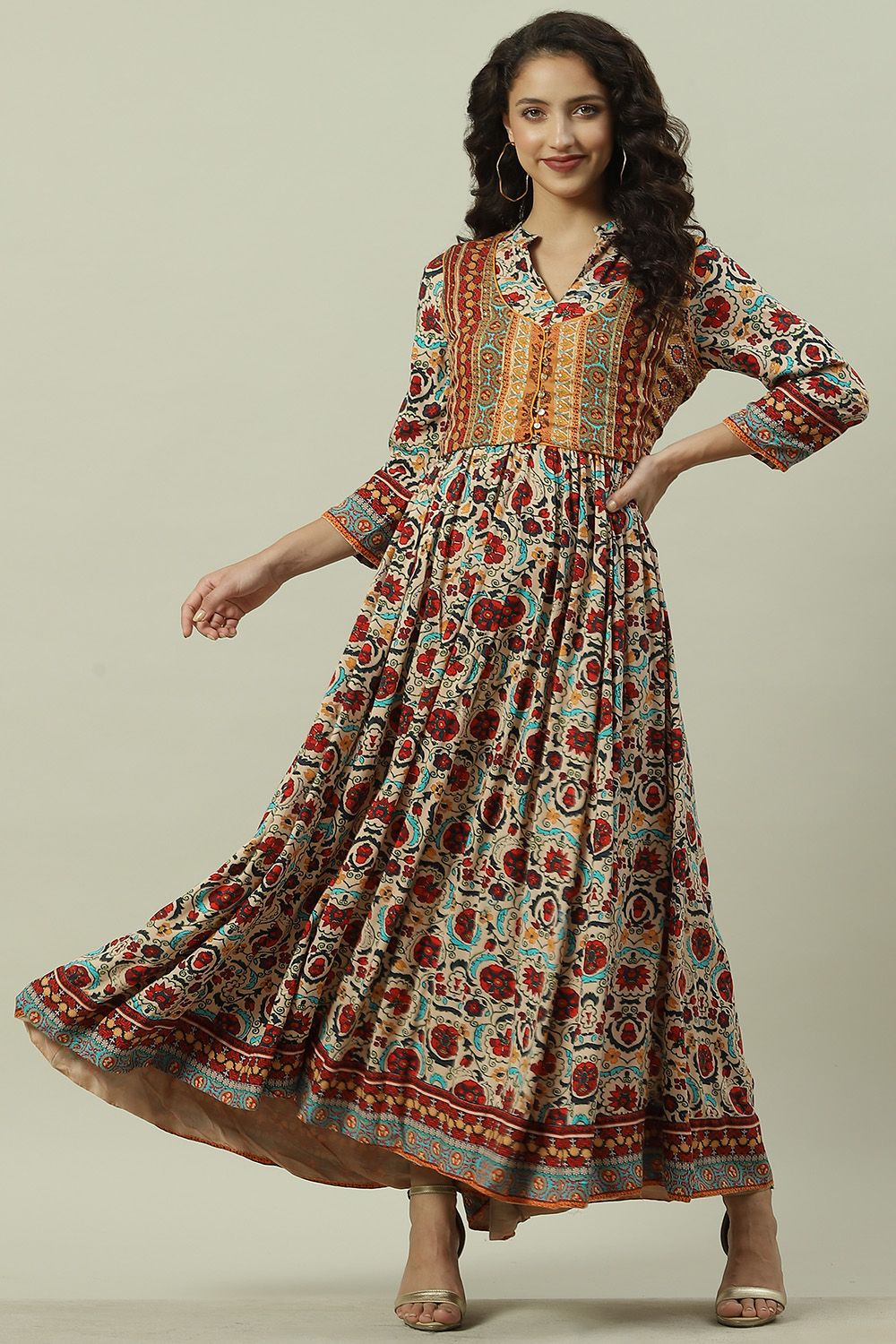 Ecru Rayon Flared Printed Dress Kurta, Jacket at Biba India