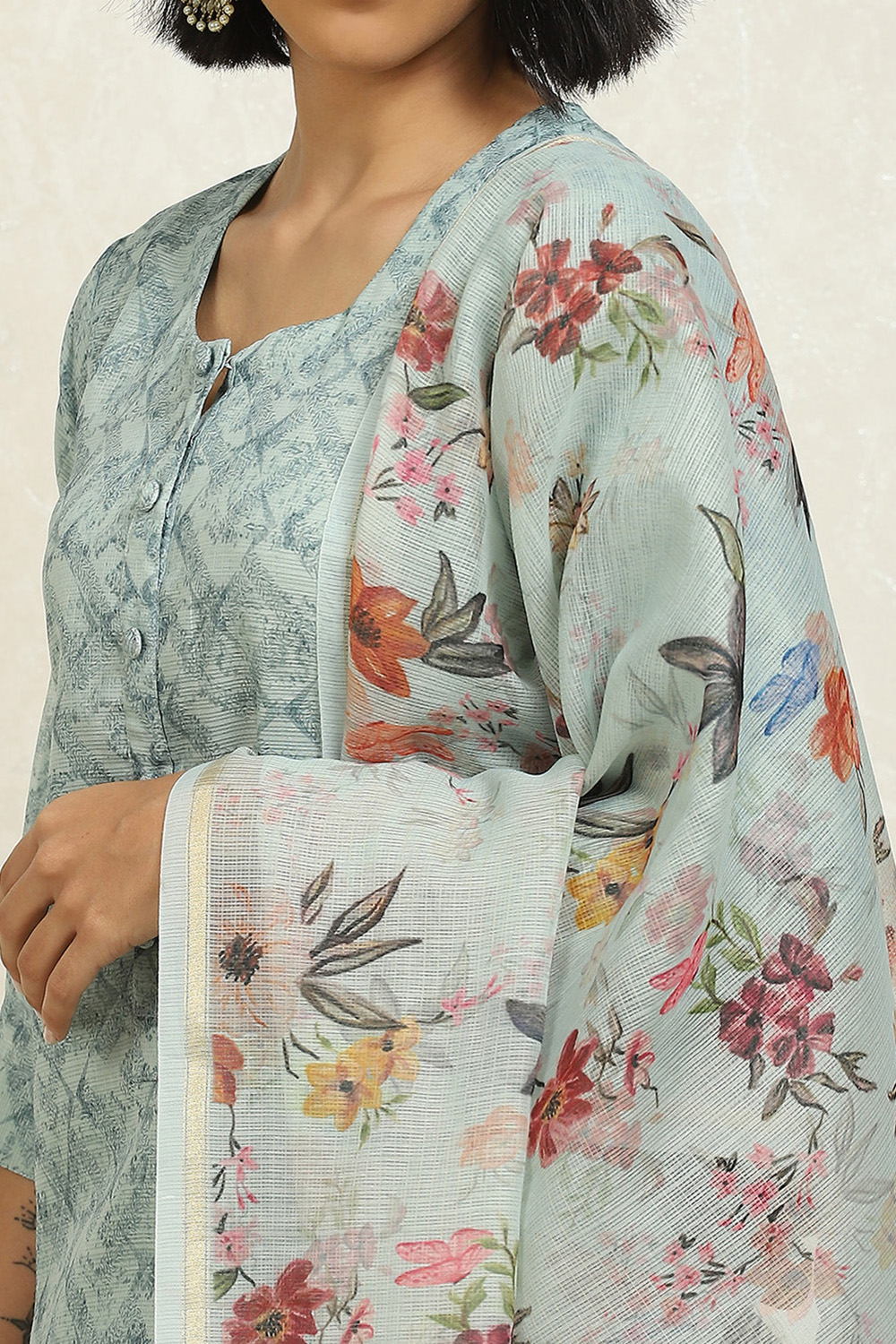 Beige Cotton Blend Digital Print Unstitched Suit Set image number 2