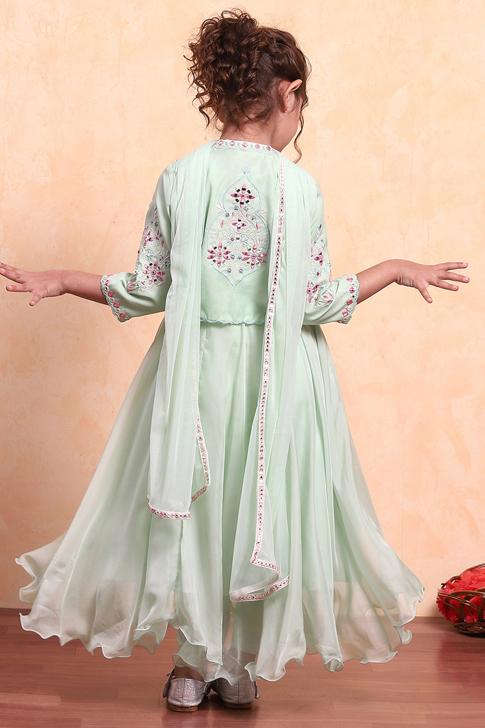 Matcha Green Polyester Blend Anarkali With Jacket Kurta Set image number 4