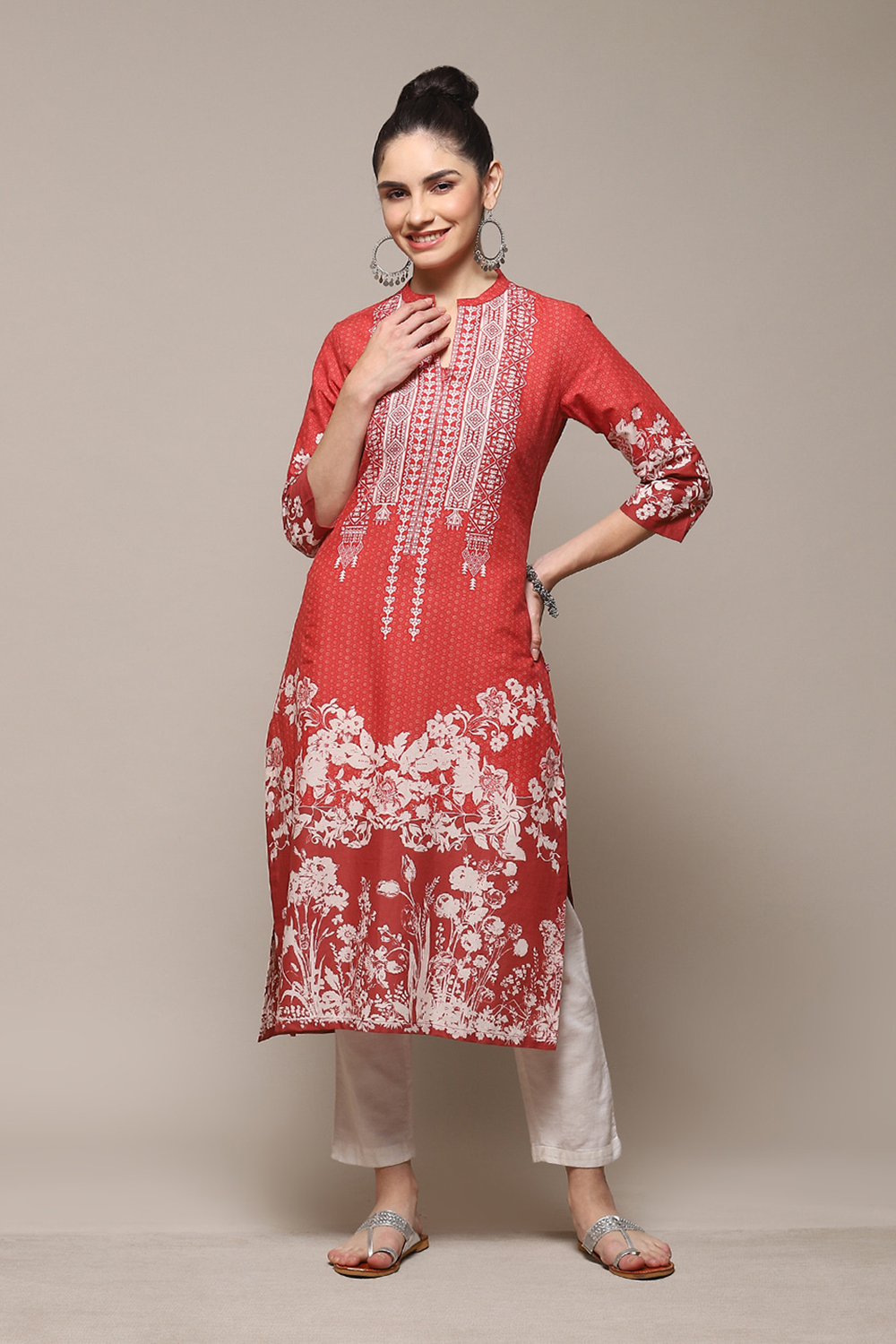 Red Cotton A-Line Printed Kurta image number 5