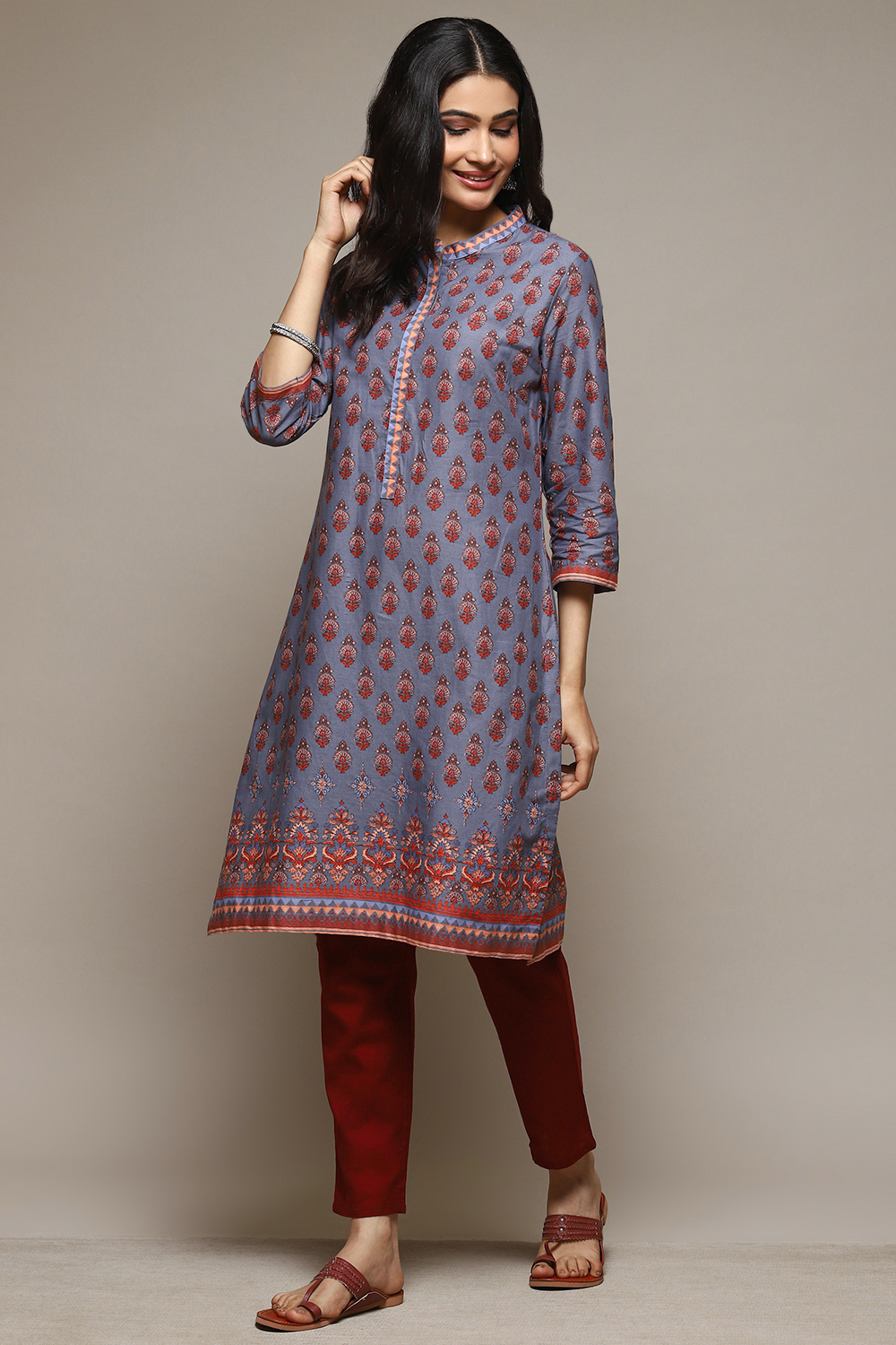 Orange Cotton Straight Printed Kurta image number 0