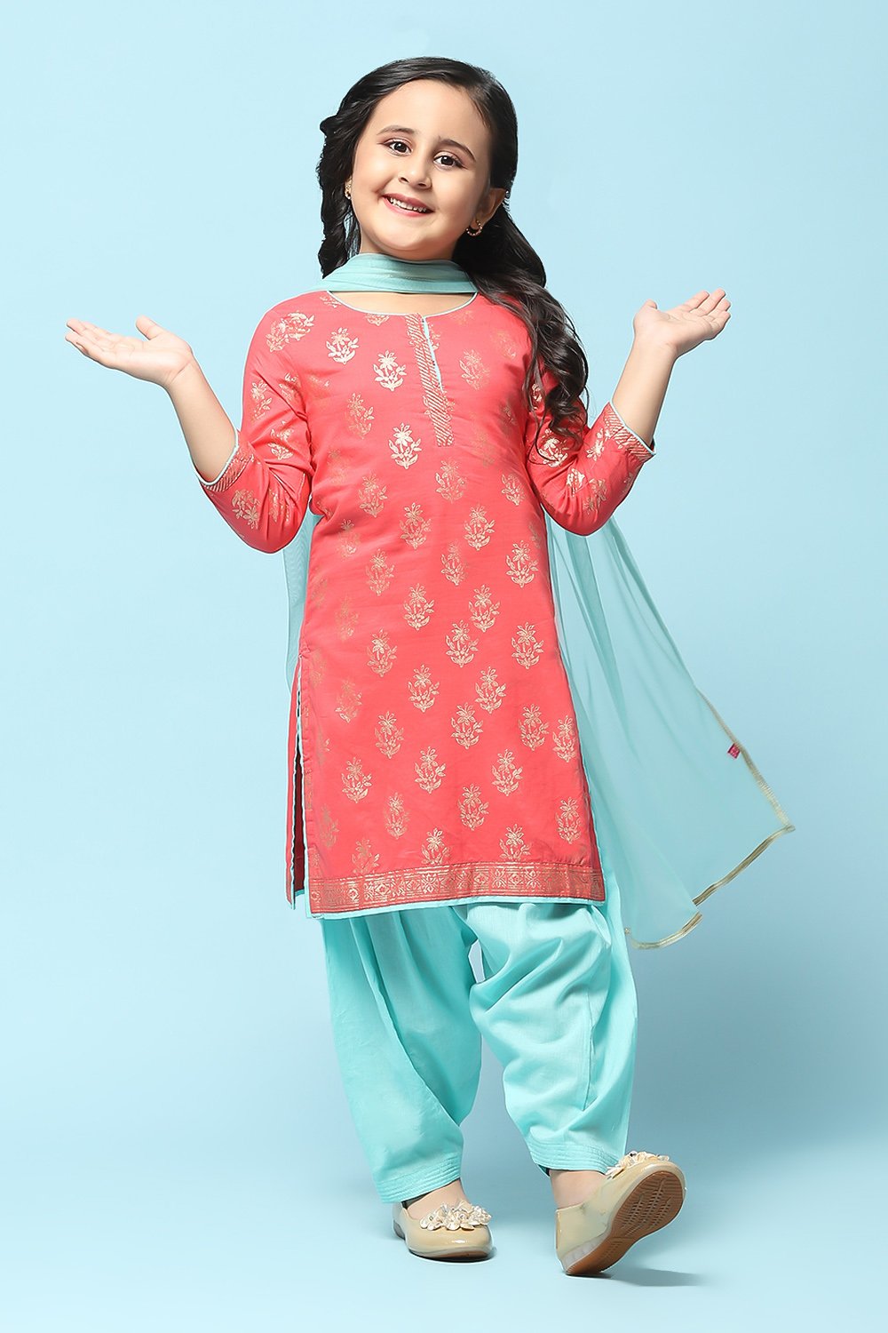 Turquoise Cotton Straight Printed Kurta Patiala Salwar Suit Set image number 0