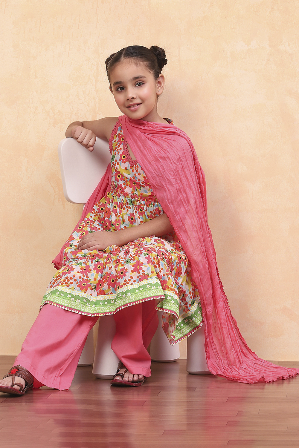 Coral Pure Cotton Floral Printed Tiered Suit Set image number 0