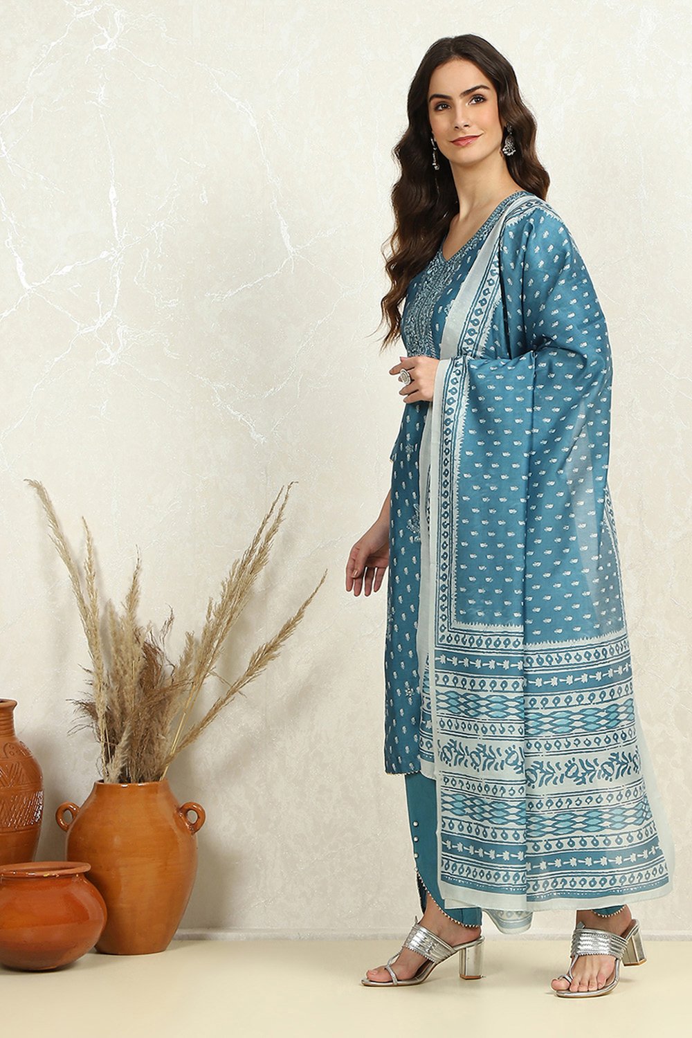 Blue Chanderi Floral Printed Unstitched Suit Set image number 2