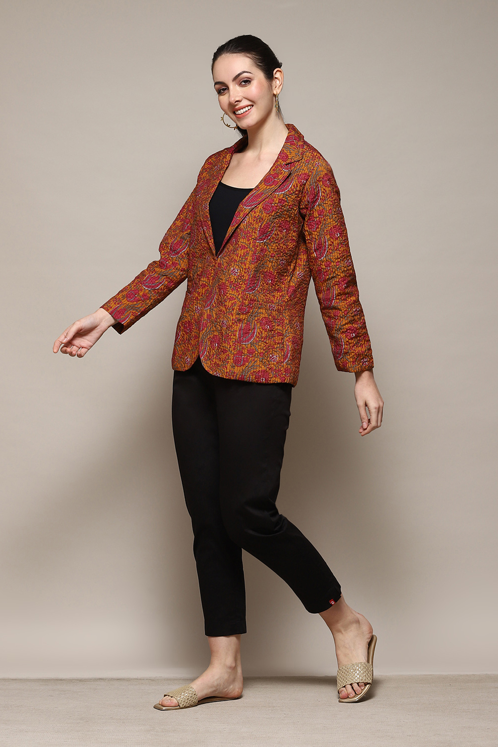 Mustard Poly Viscose Straight Printed Jacket image number 0