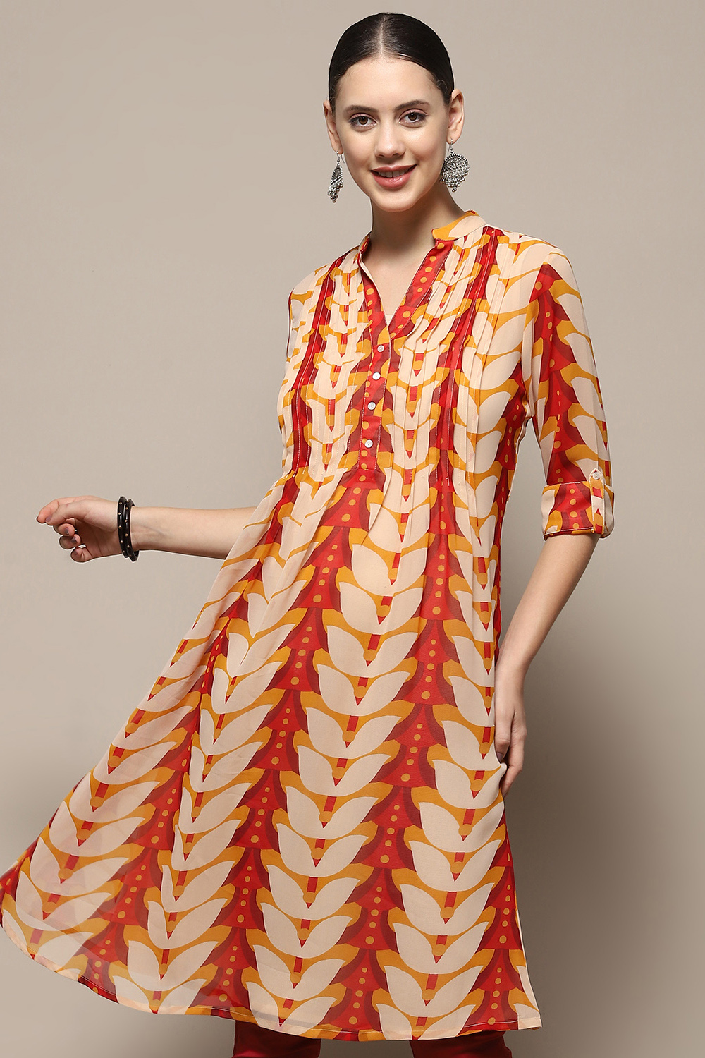 Cream-coloured Georgette Printed A-Line Kurta image number 1