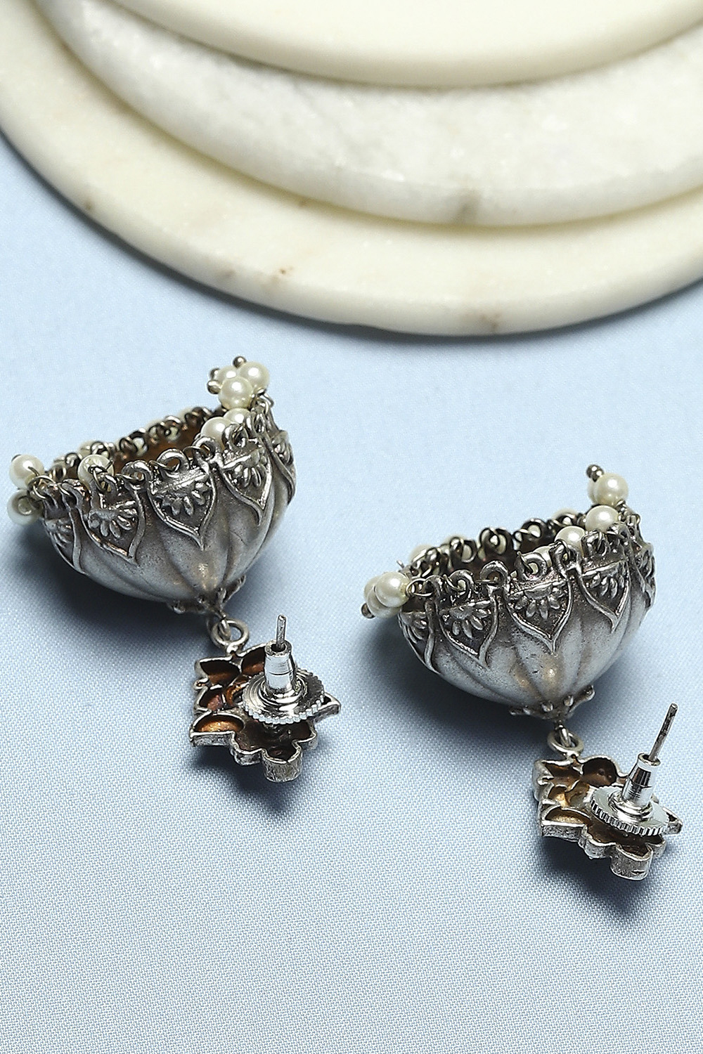 White Oxidised Stone Studded Dome Shaped Jhumkas image number 2