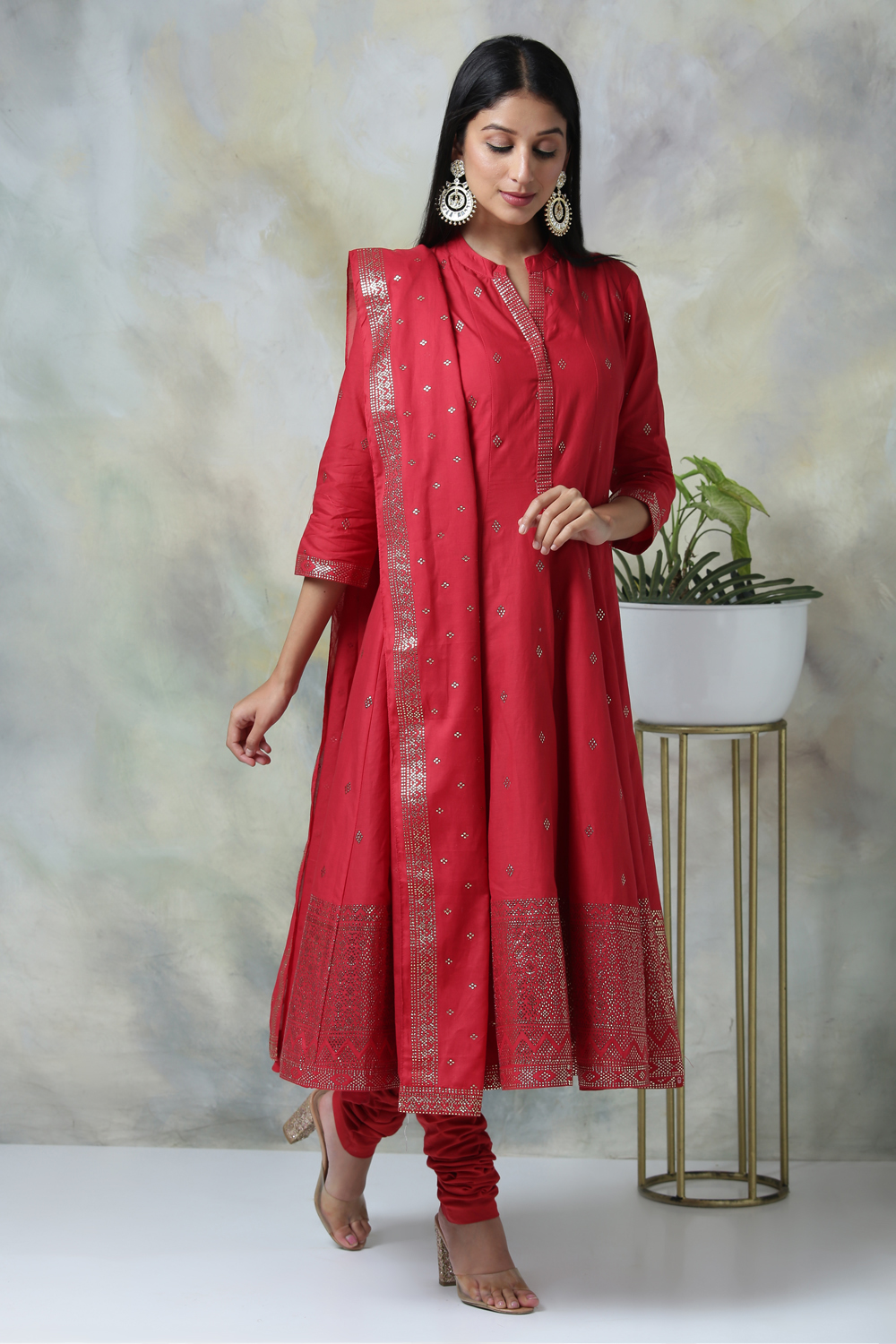 Red Cotton Kalidar Kurta Churidar Suit Set image number 6