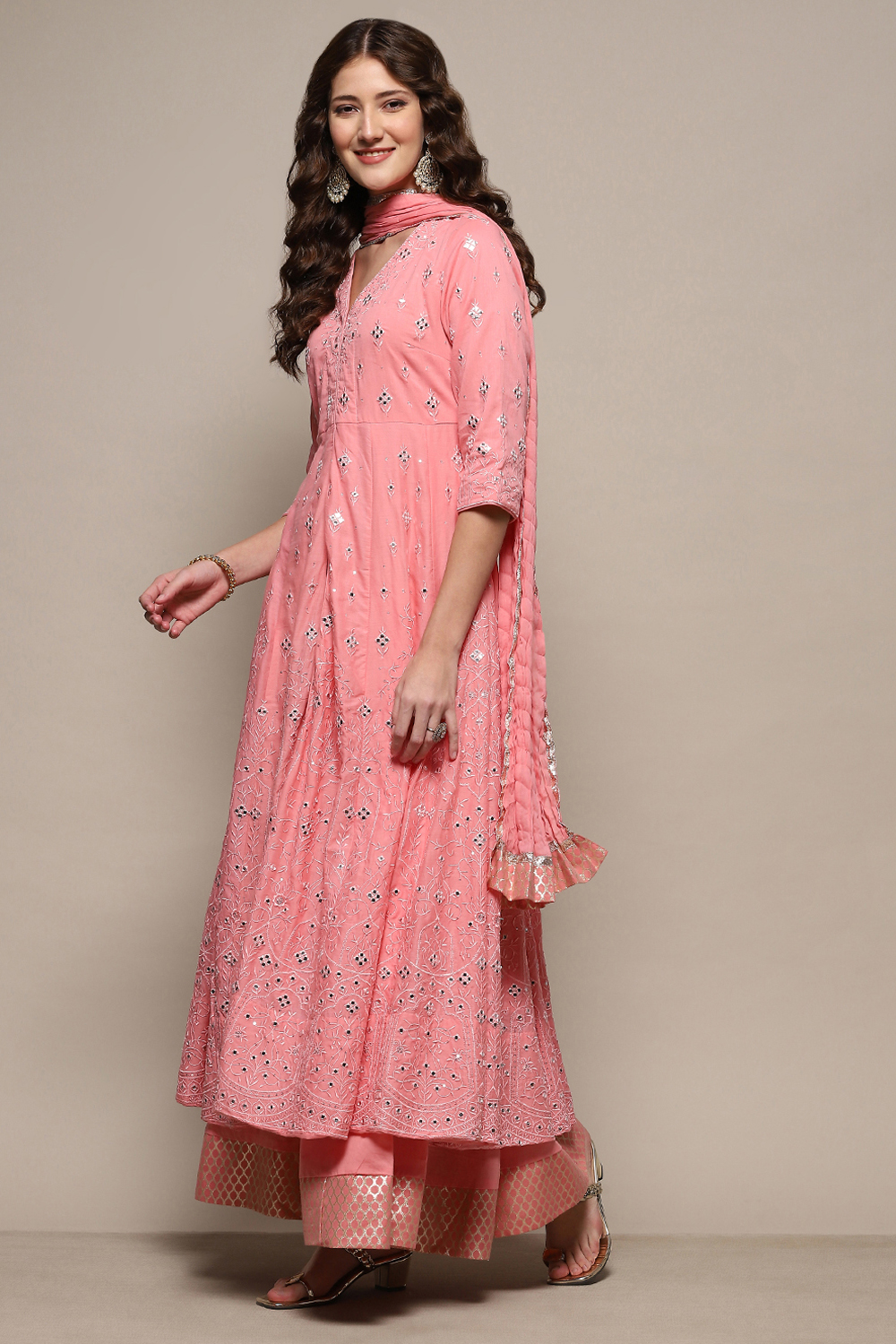 Pink Cotton Mirror work Anarkali Lehenga Set image number 4