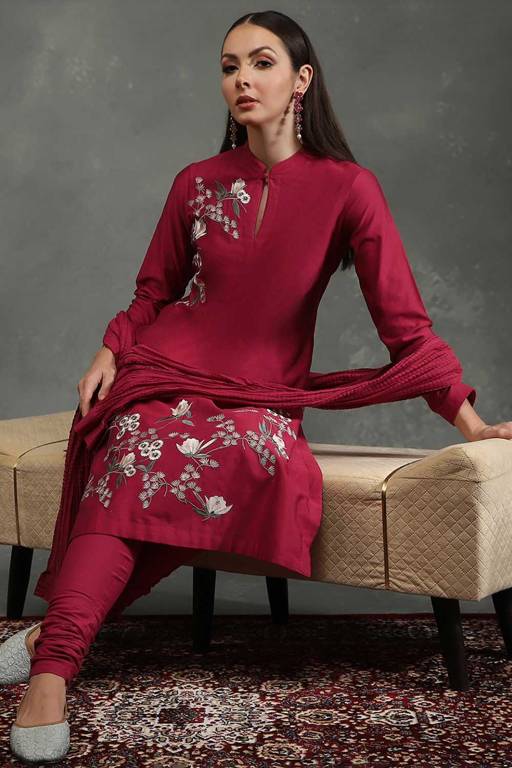 Rohit Bal Maroon Silk Chanderi Floral Straight Suit Set image number 0