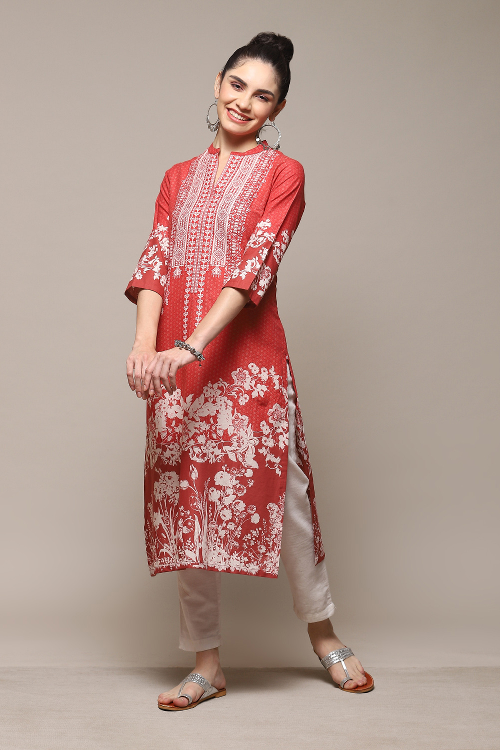 Red Cotton A-Line Printed Kurta image number 0