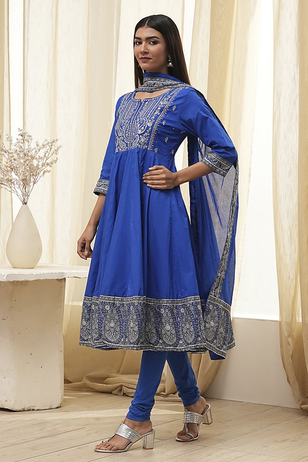 Blue Cotton Embroidered Anarkali Suit Set image number 3