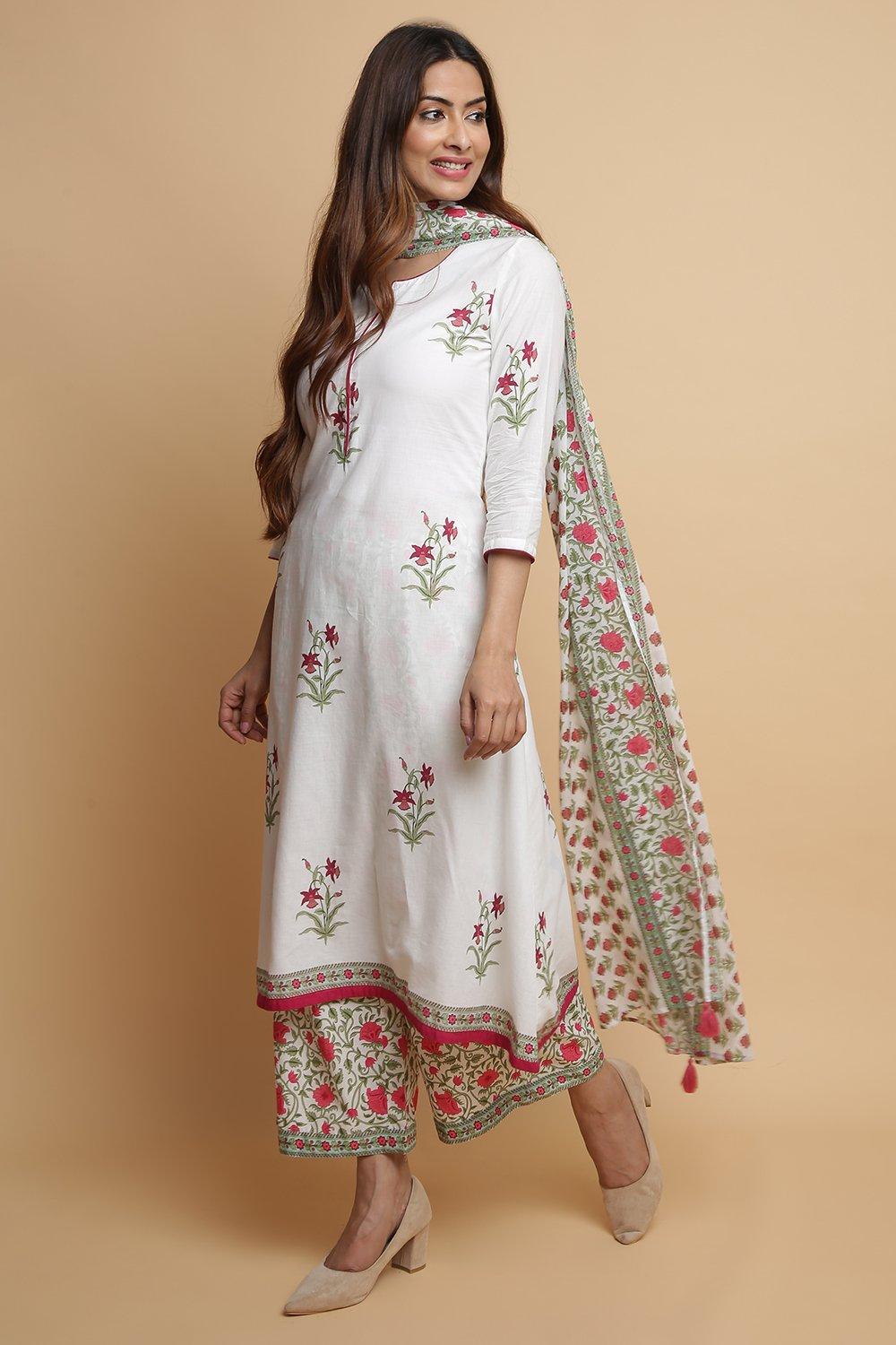 White Cotton A-Line Kurta Palazzo Suit Set image number 5