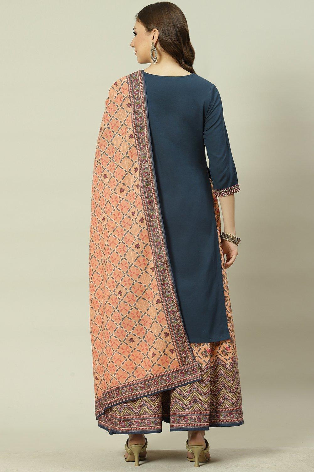 Blue Solid Cotton Straight Kurta Sharara Suit Set image number 4