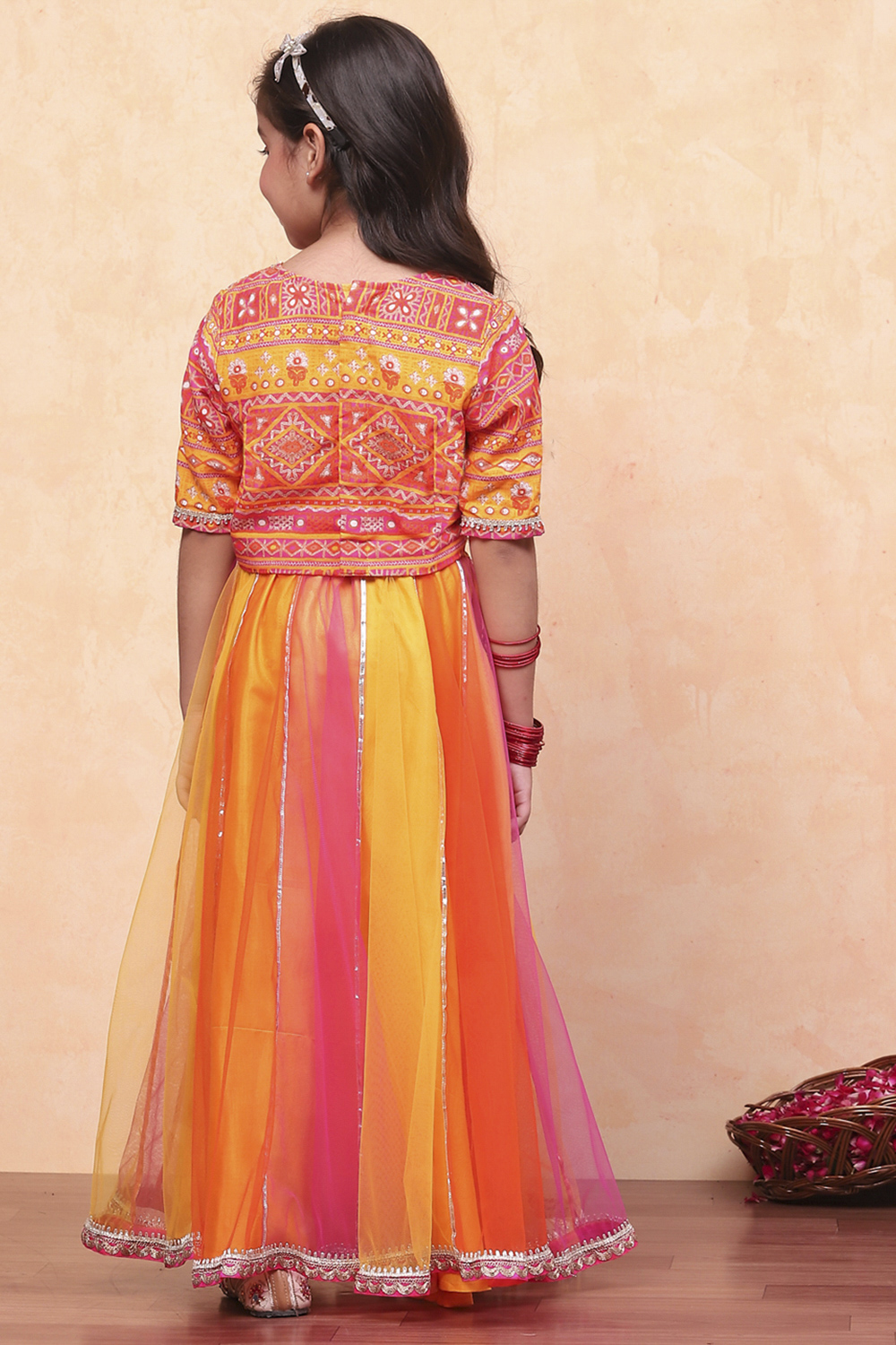 Yellow and Pink Embellished Festive Flared Lehenga Set image number 4