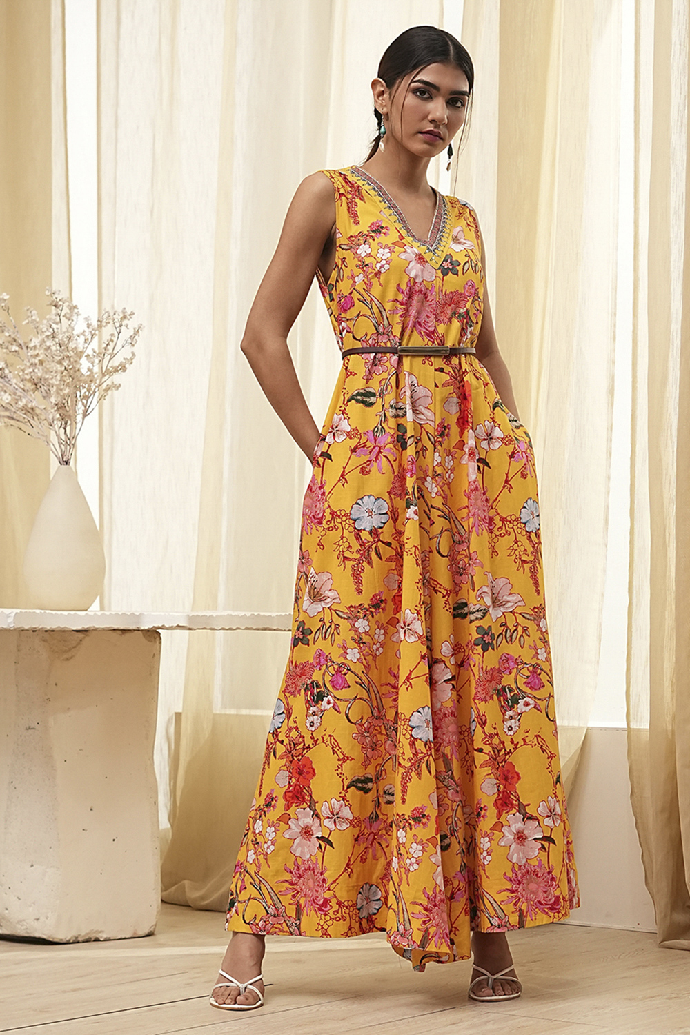 Yellow Cotton Floral Flared Jumpsuit image number 5