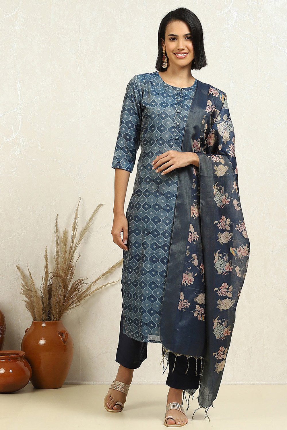 Grey Linen Blend Digital Print Unstitched Suit Set image number 1