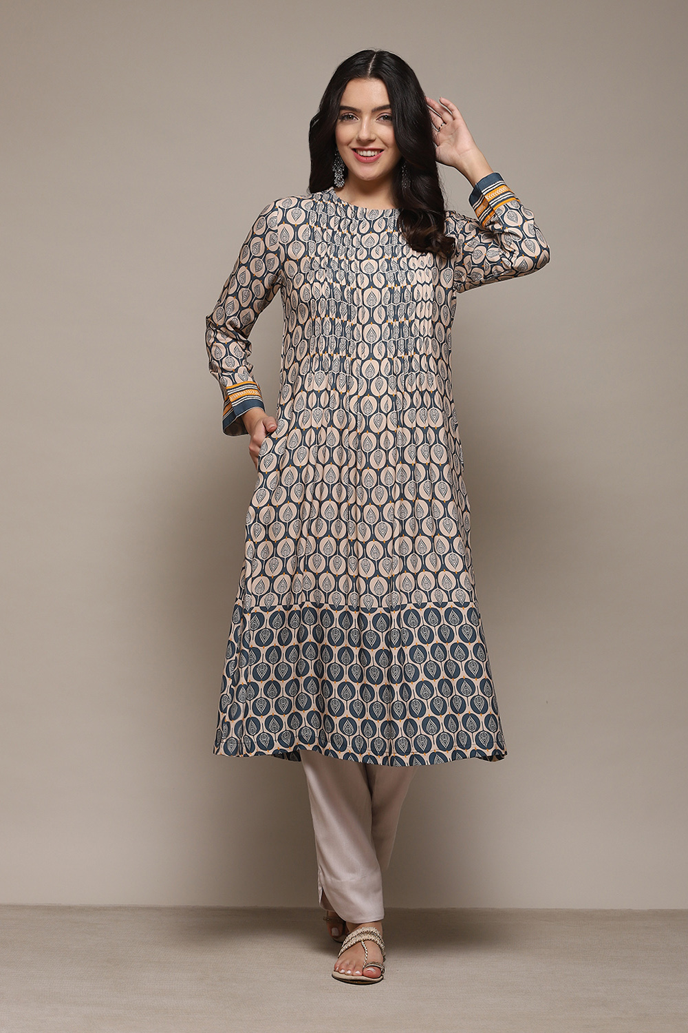 Light Grey Rayon Tiered Kurta Printed Kurta image number 0