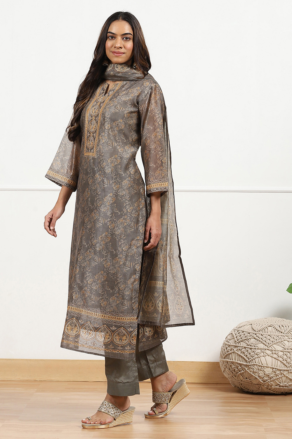 Grey Chanderi Printed Unstitched Suit Set image number 5