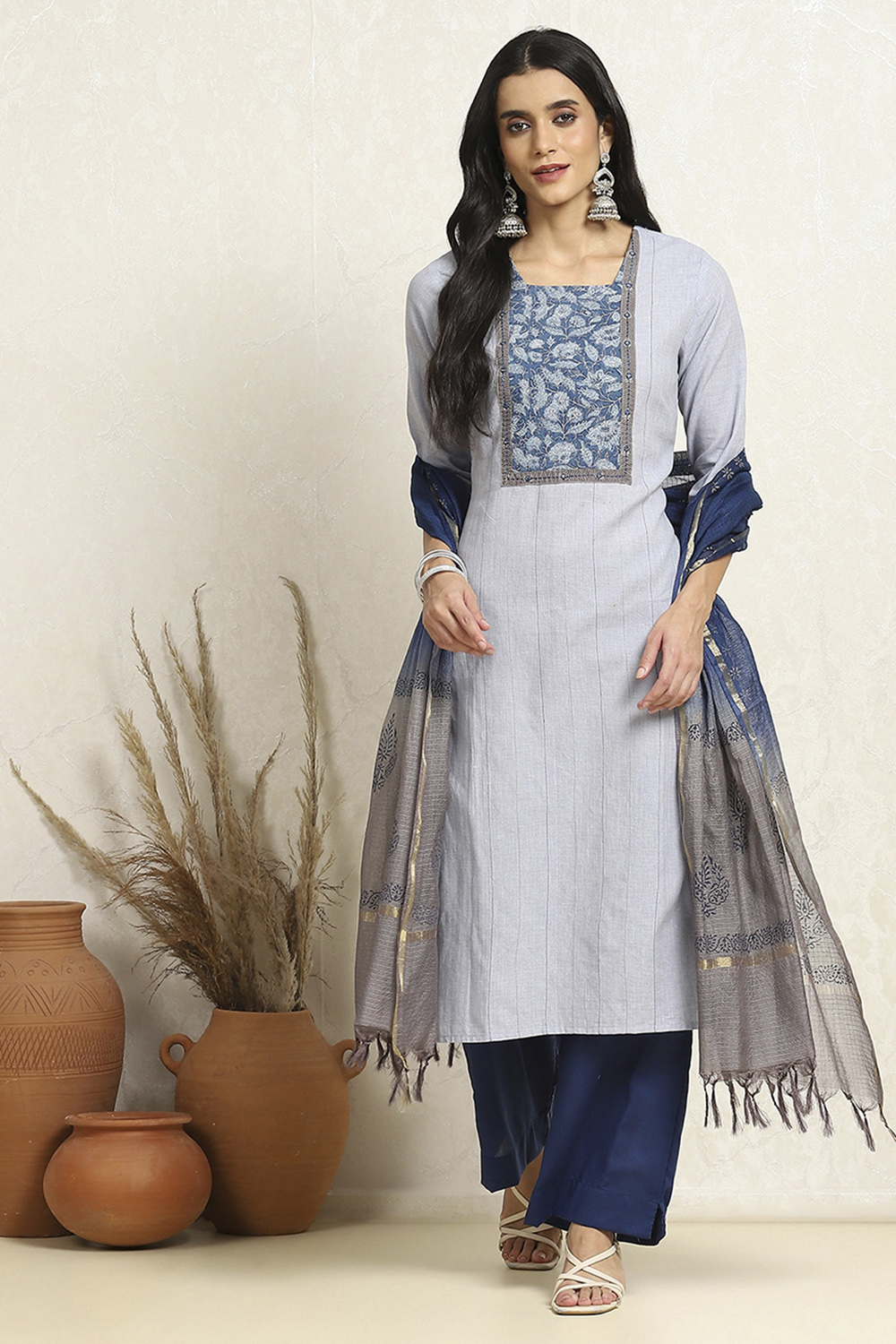 Dark Blue Flex Cotton Handloom Unstitched Suit Set image number 1