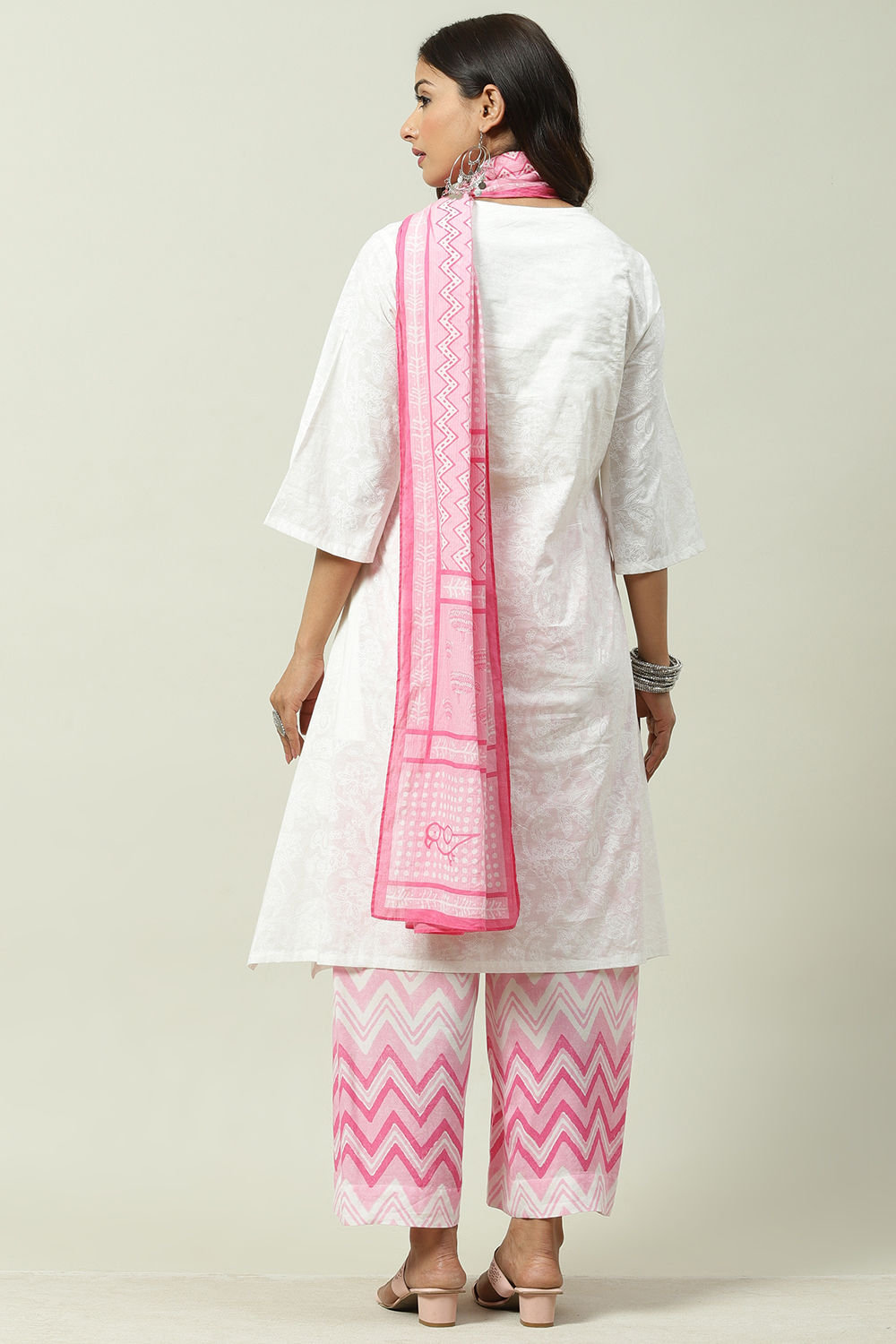 White and Pink Cotton Straight Kurta Palazzo Suit Set image number 7