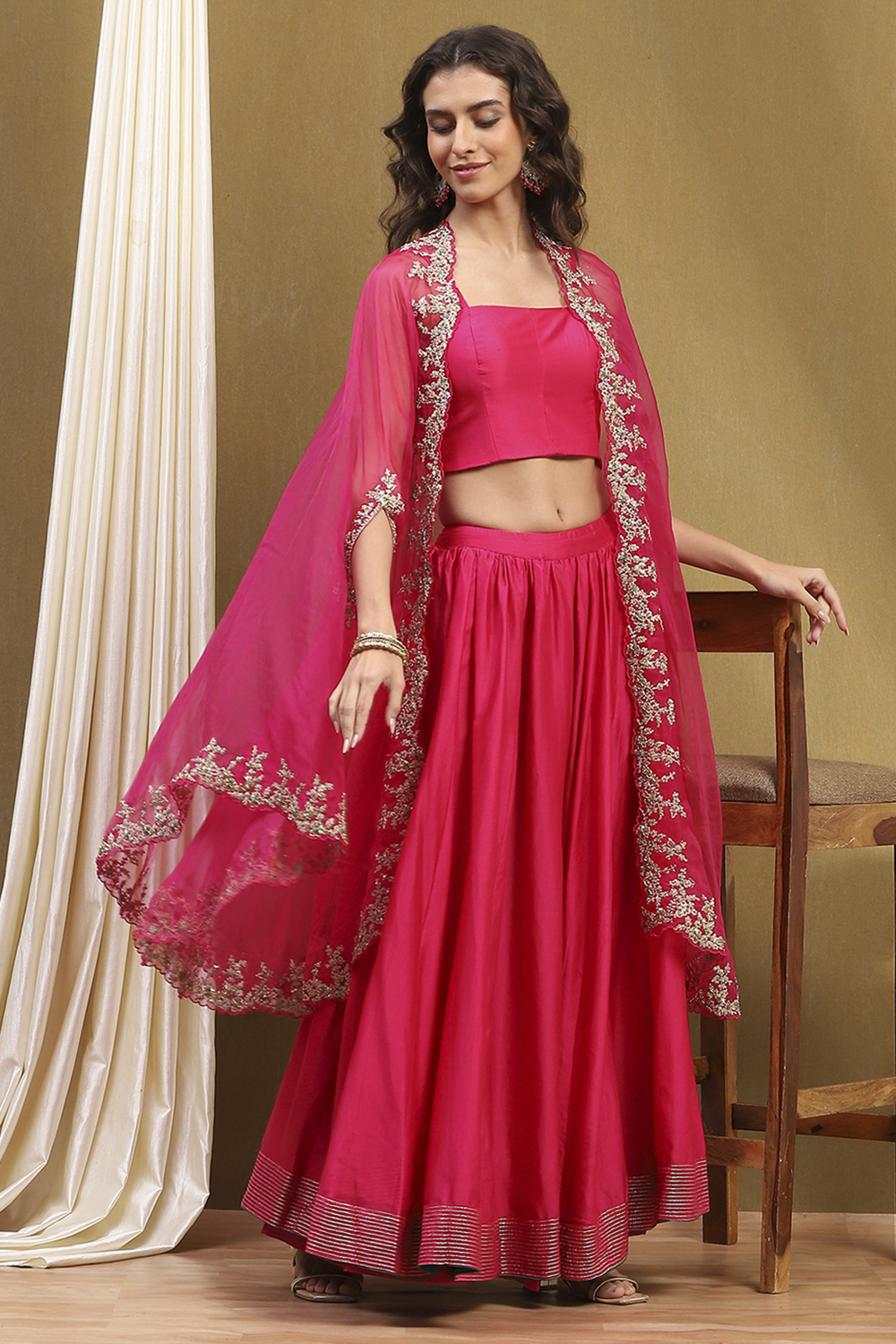 Fuchsia Silk Chanderi Festive Lightweight Flared Lehenga Set image number 0