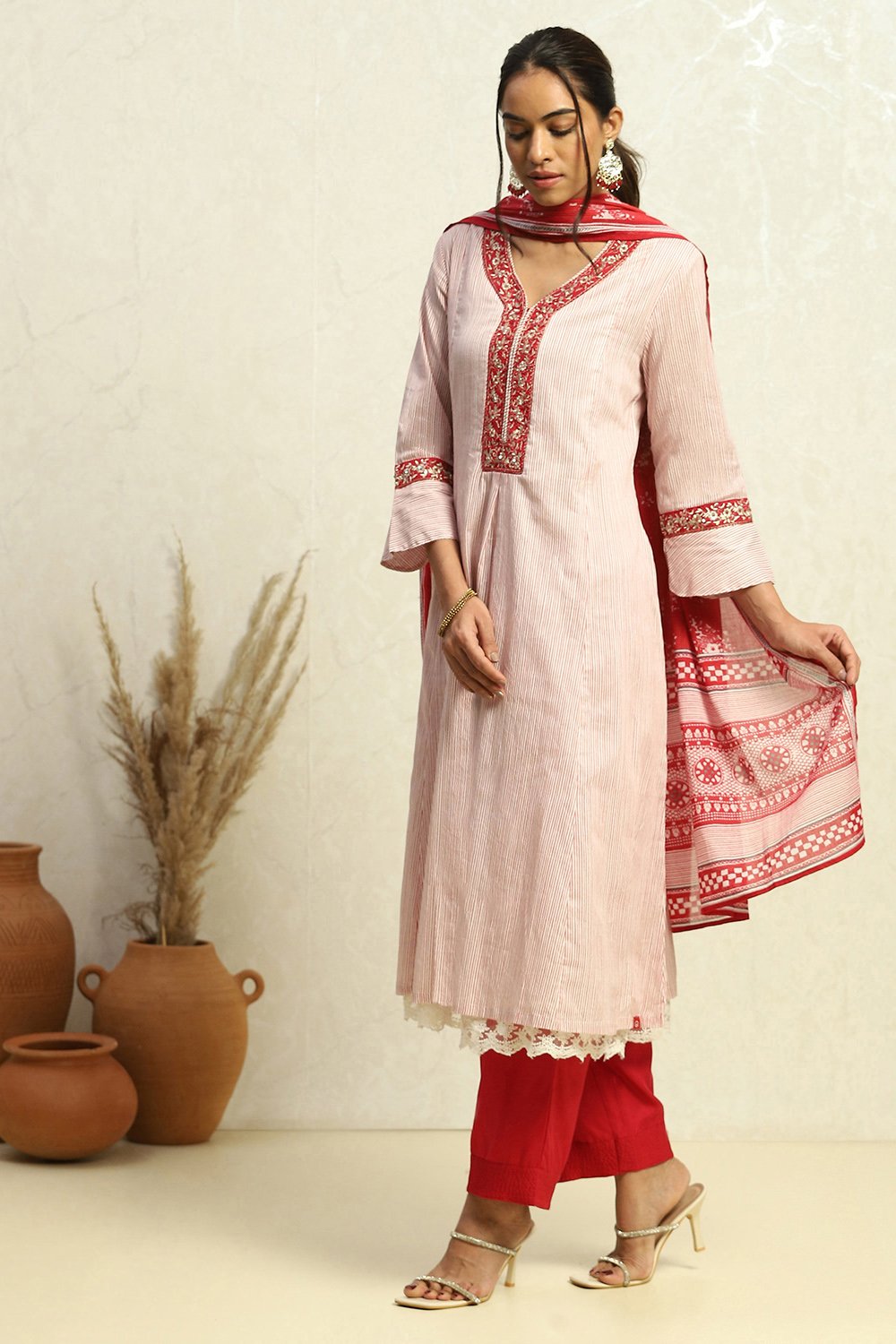 White and Rust Cotton Festive Kalidar Suit Set image number 3