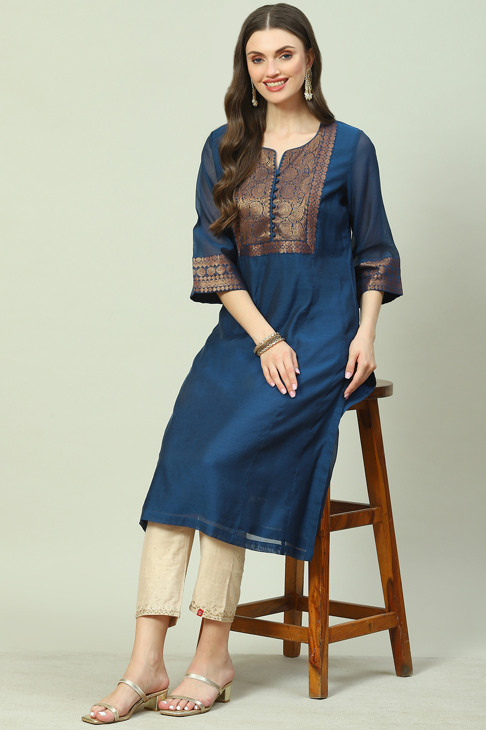 Navy Poly Metallic A-Line Yarndyed Kurta image number 3