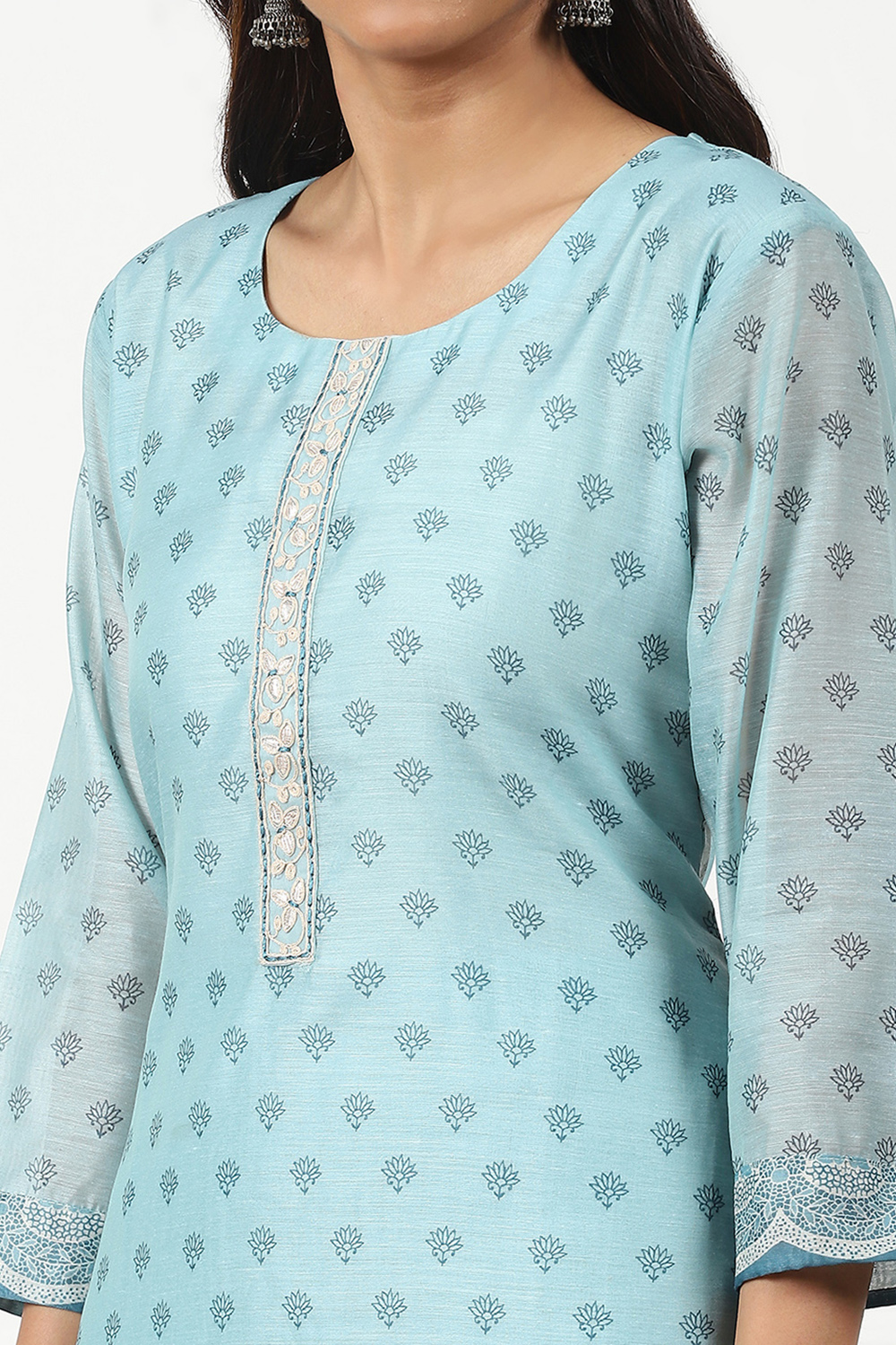 Light Green Chanderi Floral Printed Unstitched Suit Set image number 3