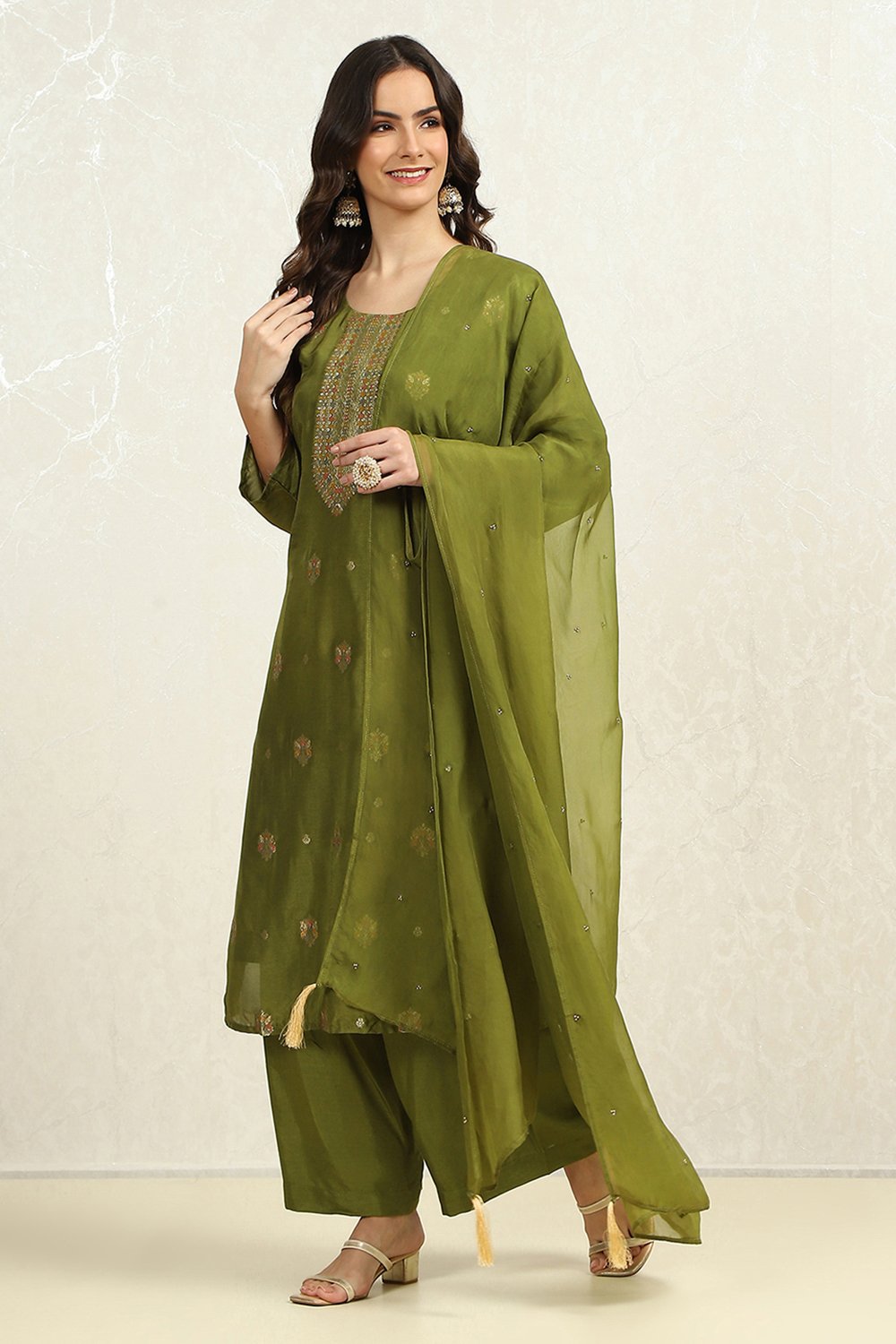 Earthy Green Viscose Silk Woven Unstitched Suit Set image number 4