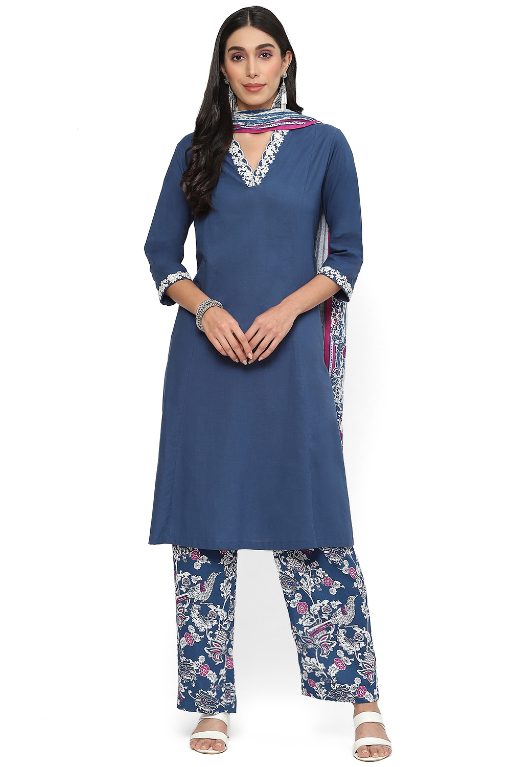 Blue Cotton A-Line Kurta Palazzo Suit Set image number 0