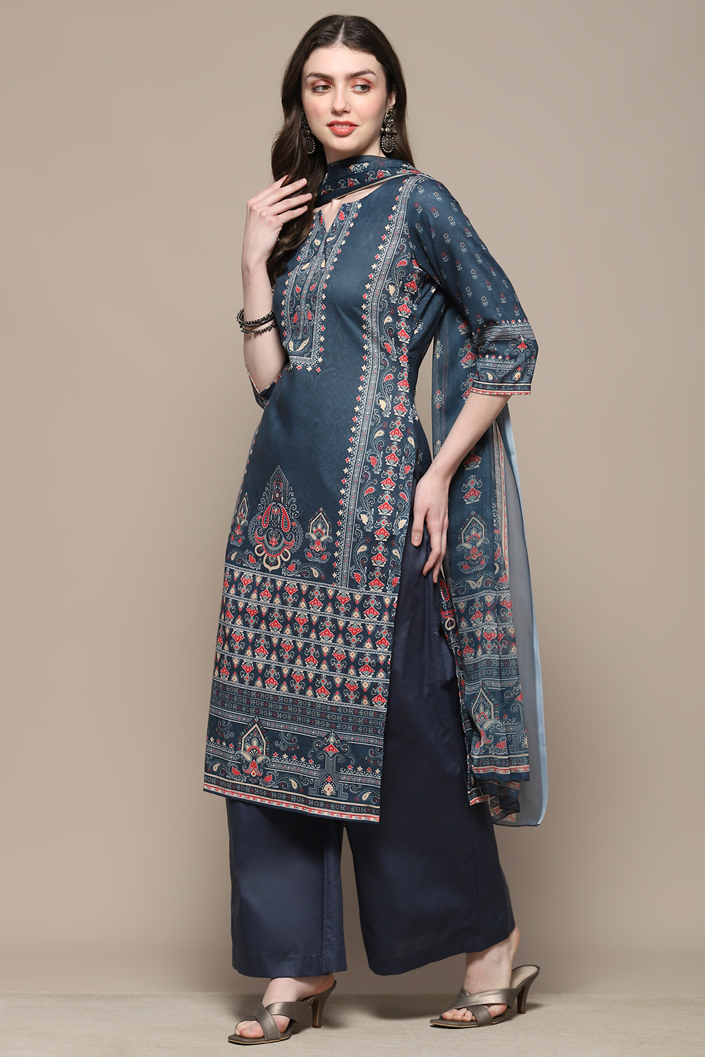 Blue Cotton Blend Digital Print Unstitched Suit Set image number 5