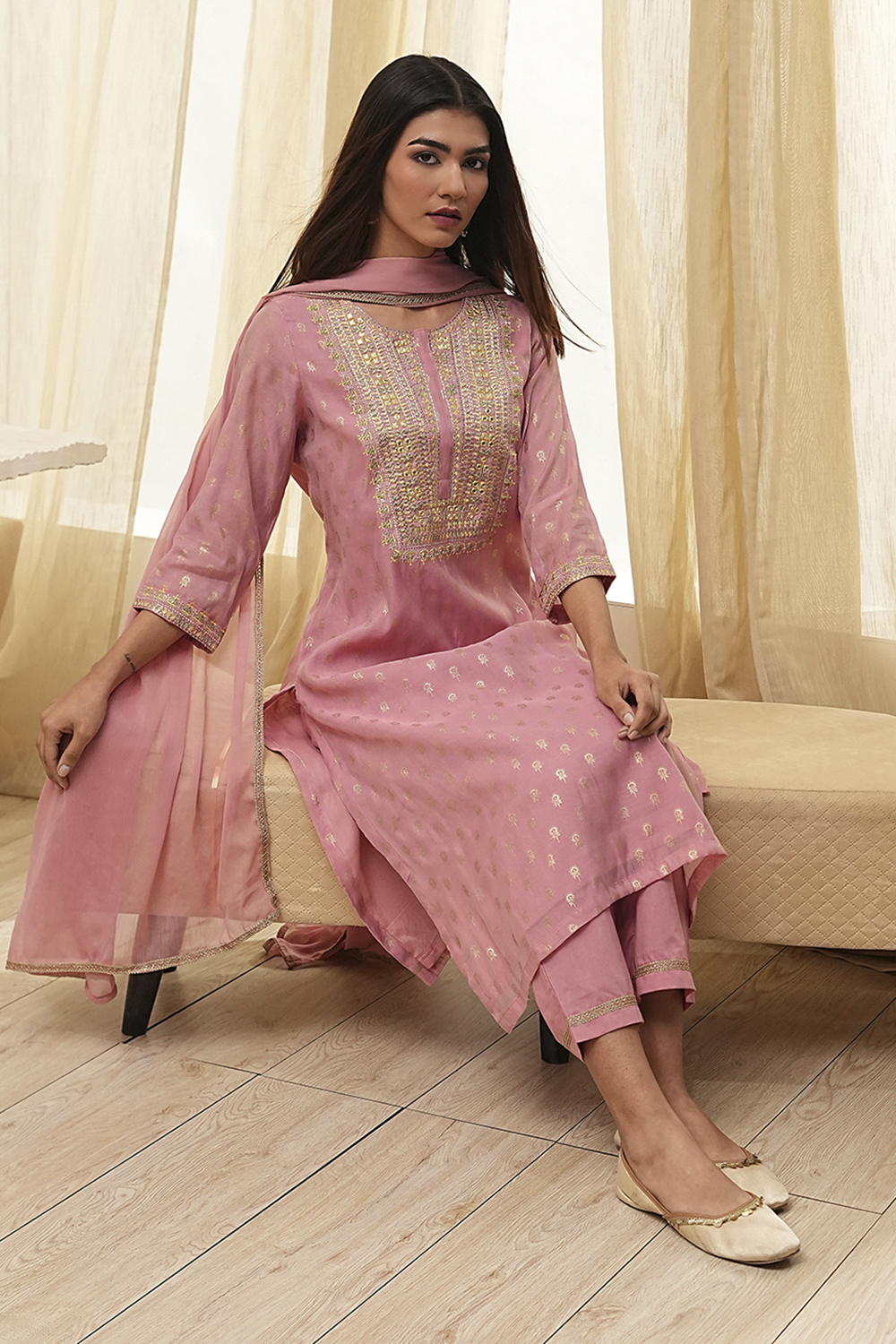 Dull Pink Embroidered Straight Suit Set image number 0