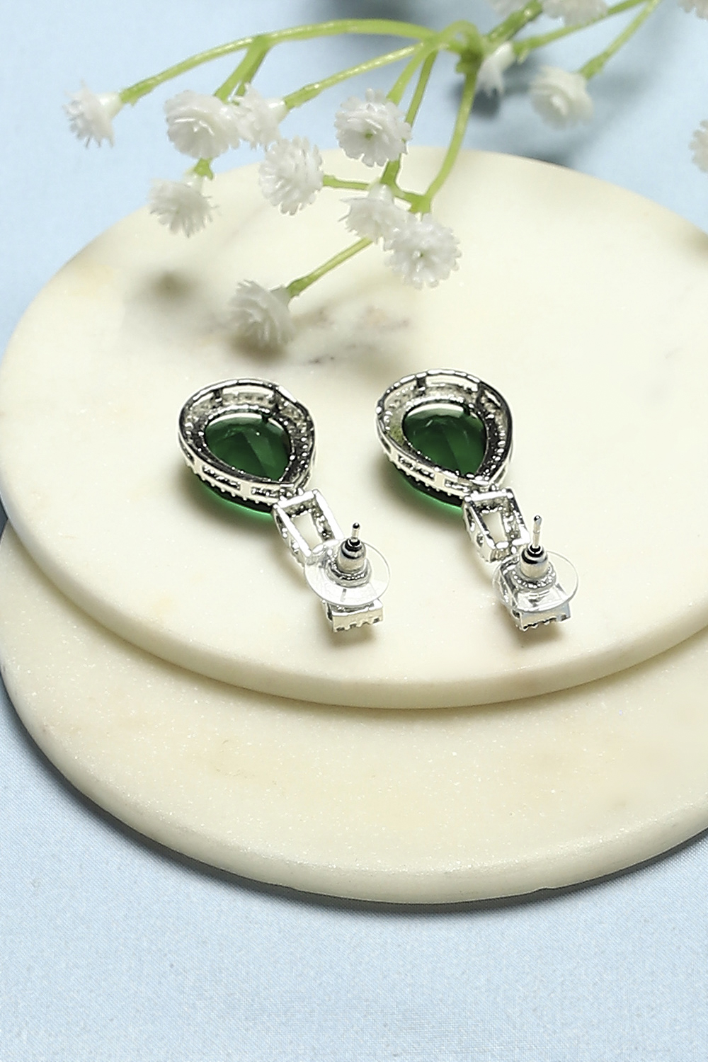 Green Silver-Plated CZ Studded Tear Drop Danglers image number 2