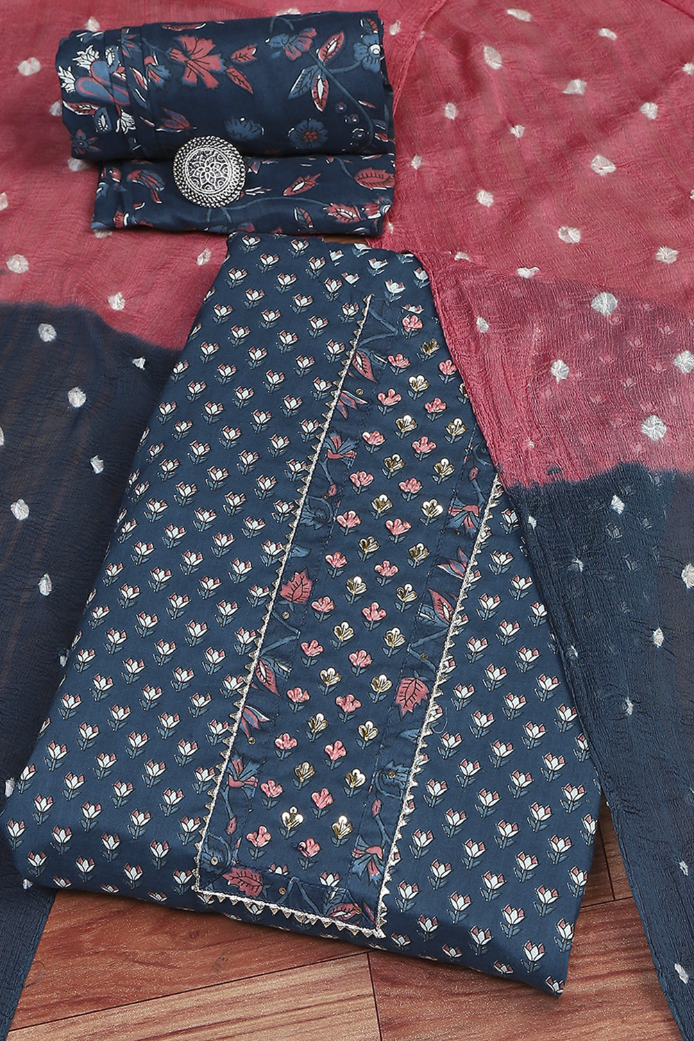 Navy Blue Cotton Printed Unstitched Suit Set image number 0