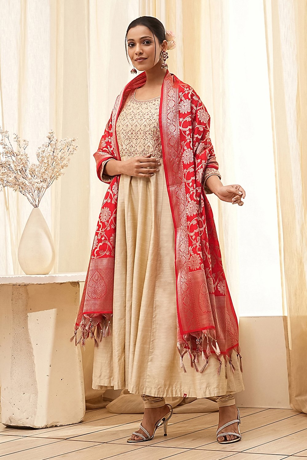 Beige Embroidered Anarkali Suit Set image number 3