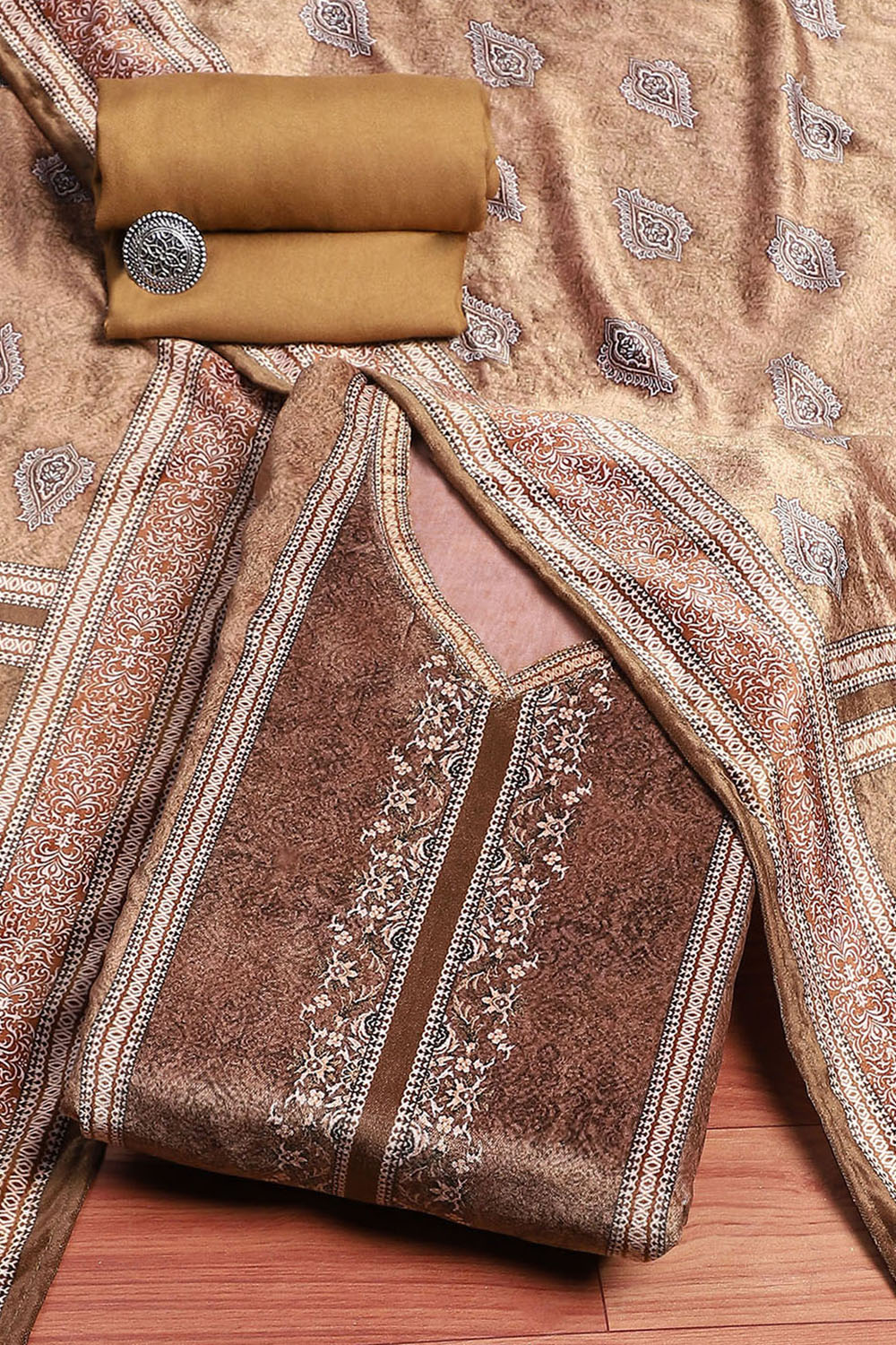 Brown Velvet Digital Print Unstitched Suit Set image number 0