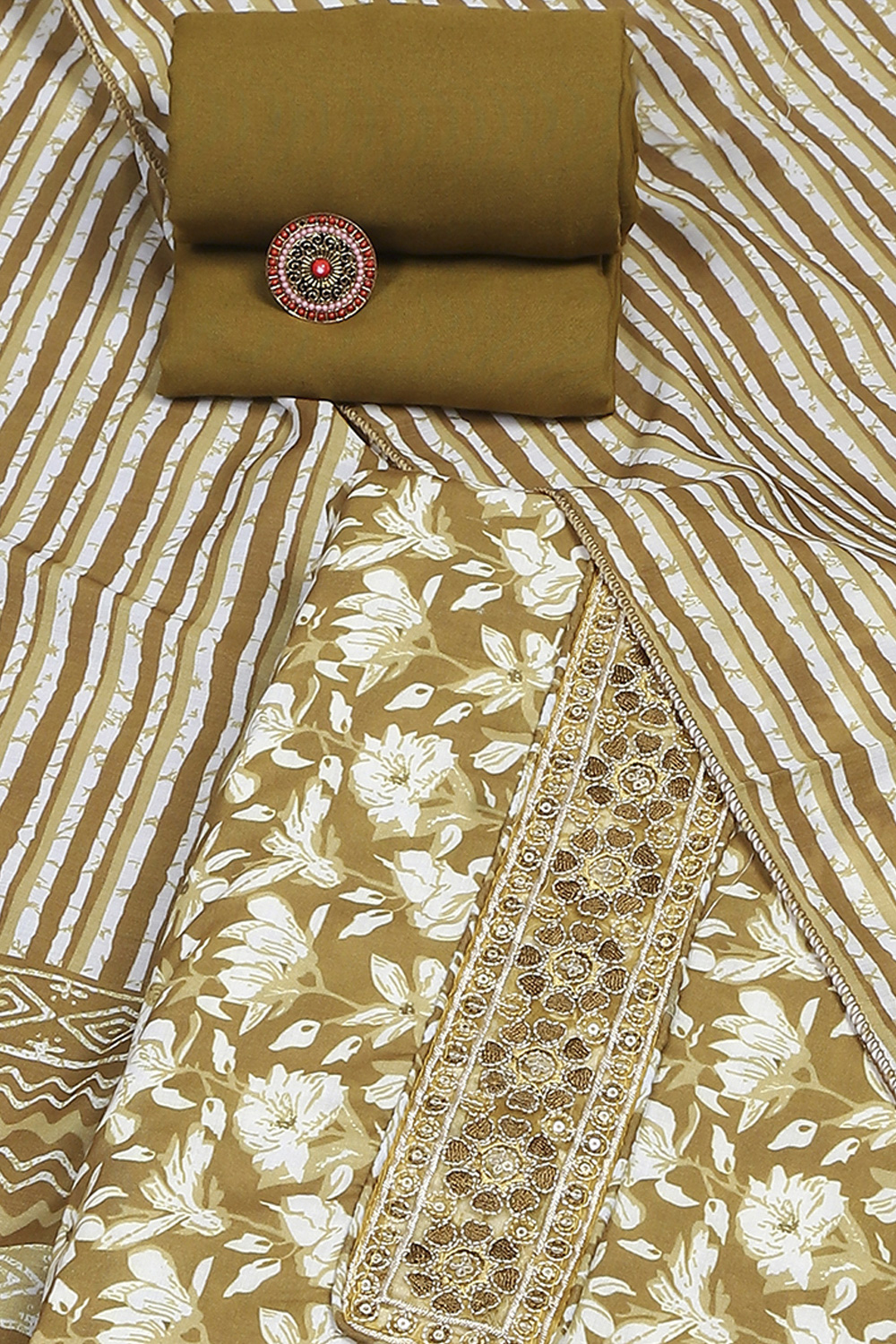 Mustard Cotton Printed Unstitched Suit Set image number 1