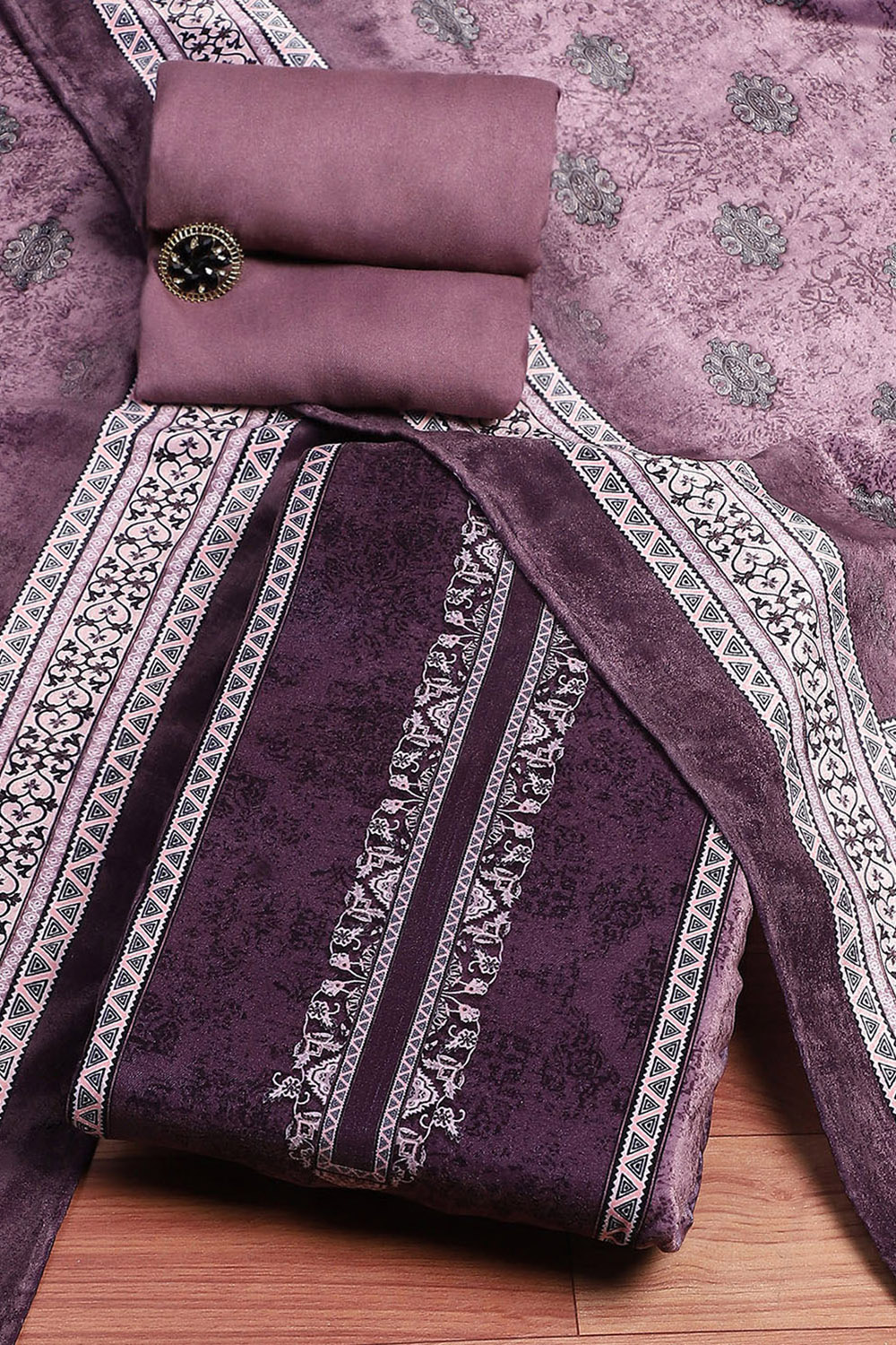 Pink Velvet Digital Print Unstitched Suit Set image number 0