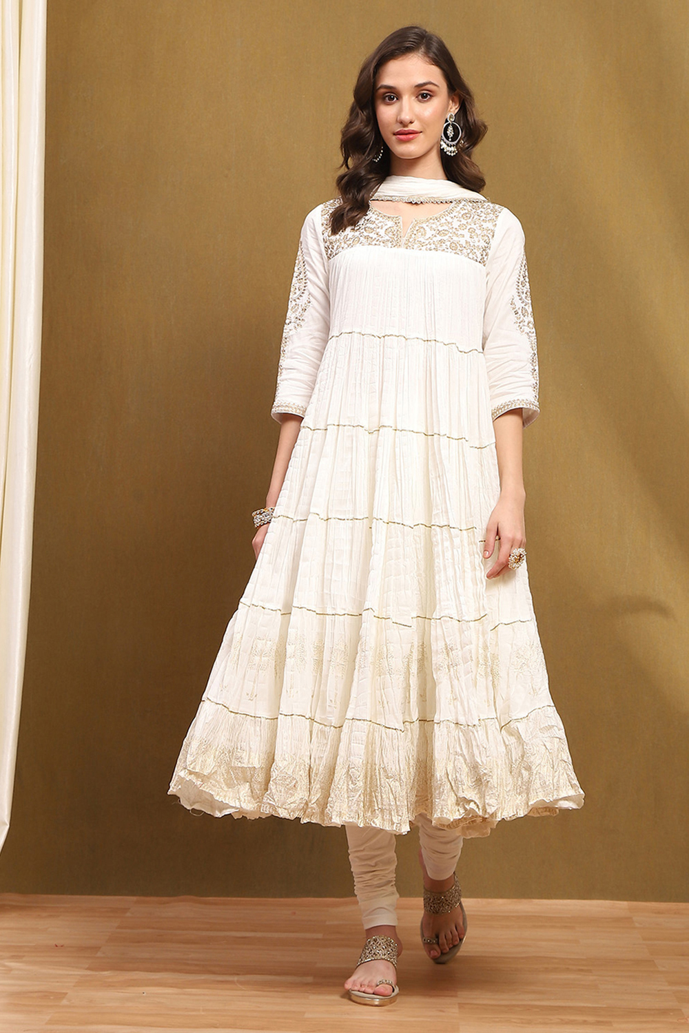 White Cotton Tiered Anarkali Suit Set image number 0