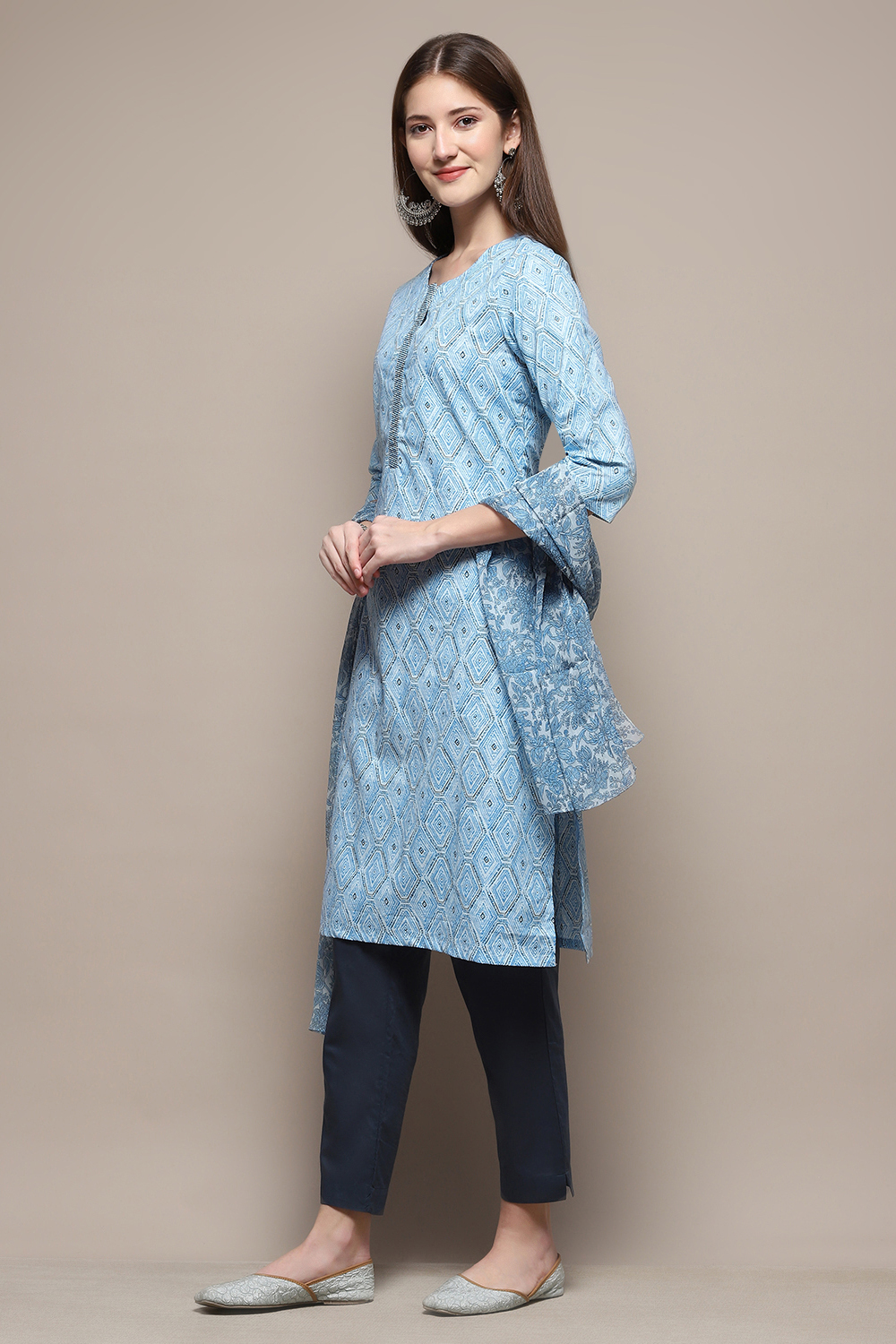 Marine Blue Printed Cotton Straight Suit Set image number 4