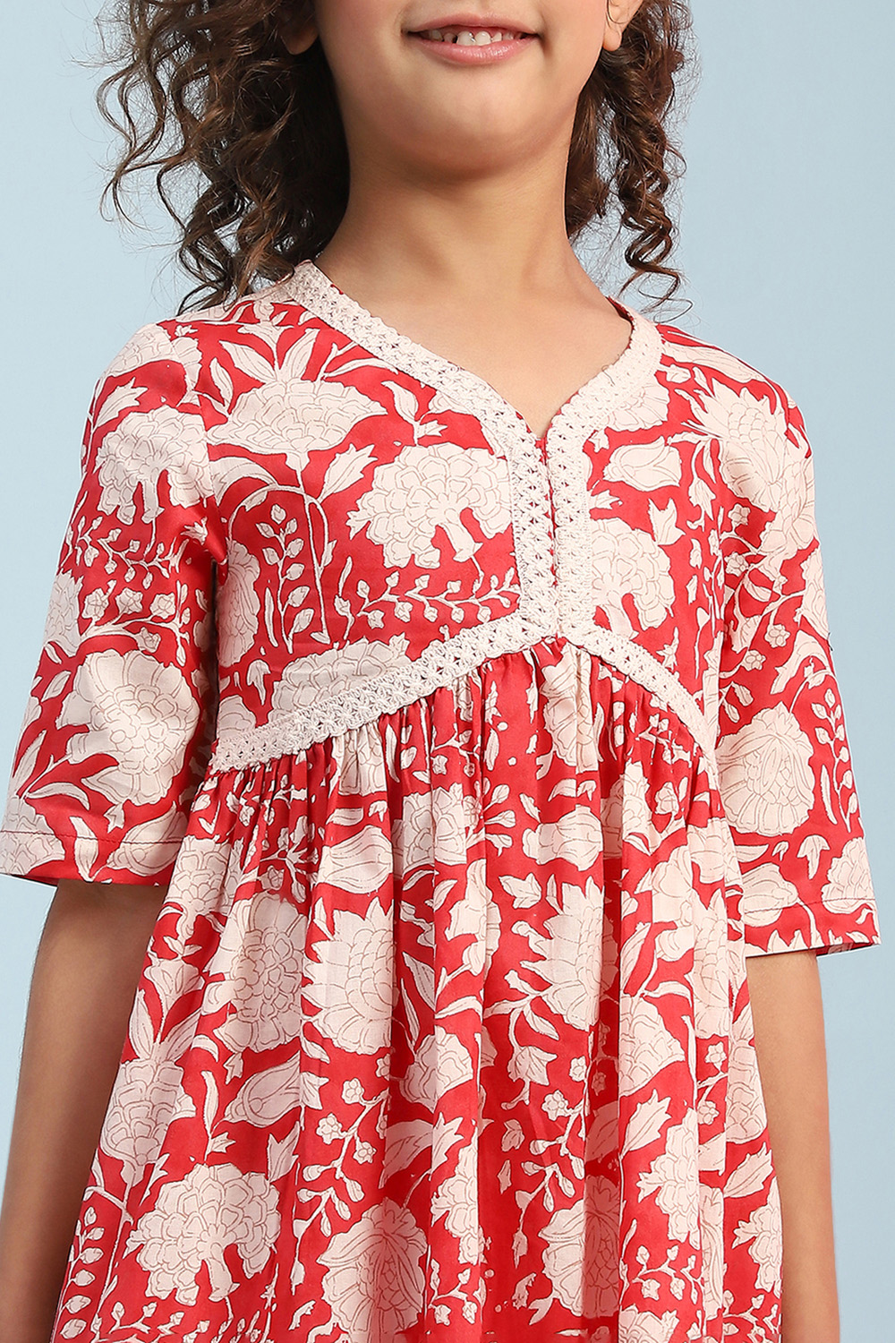 Red Cotton Floral Gathered Kurta Set image number 1