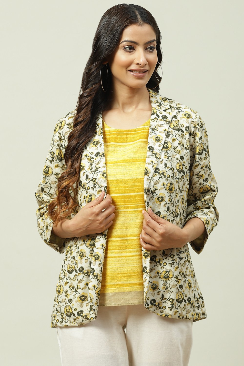 Mud Ochre LIVA Printed Kurta with Jacket image number 1