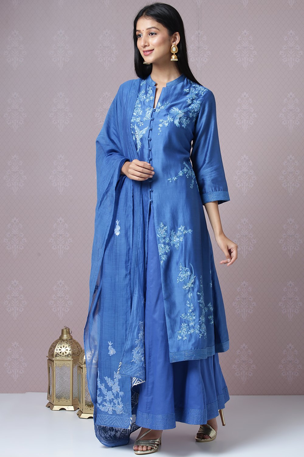 Blue Cotton Silk Front Open Kurta Skirt Suit Set image number 6