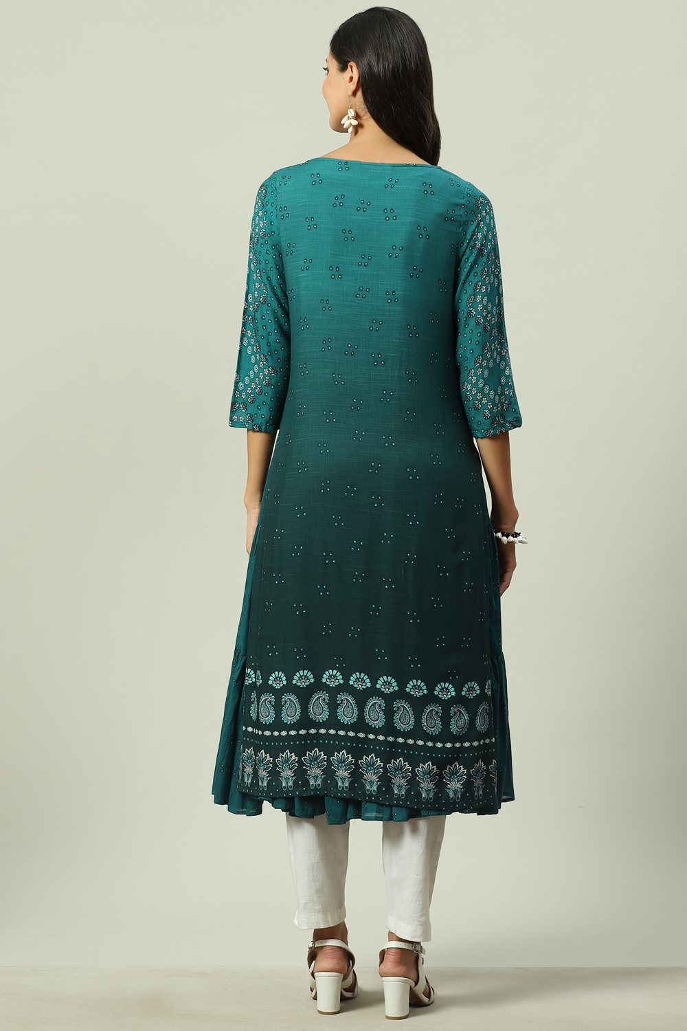 Teal LIVA Double Layered Printed Kurta image number 4