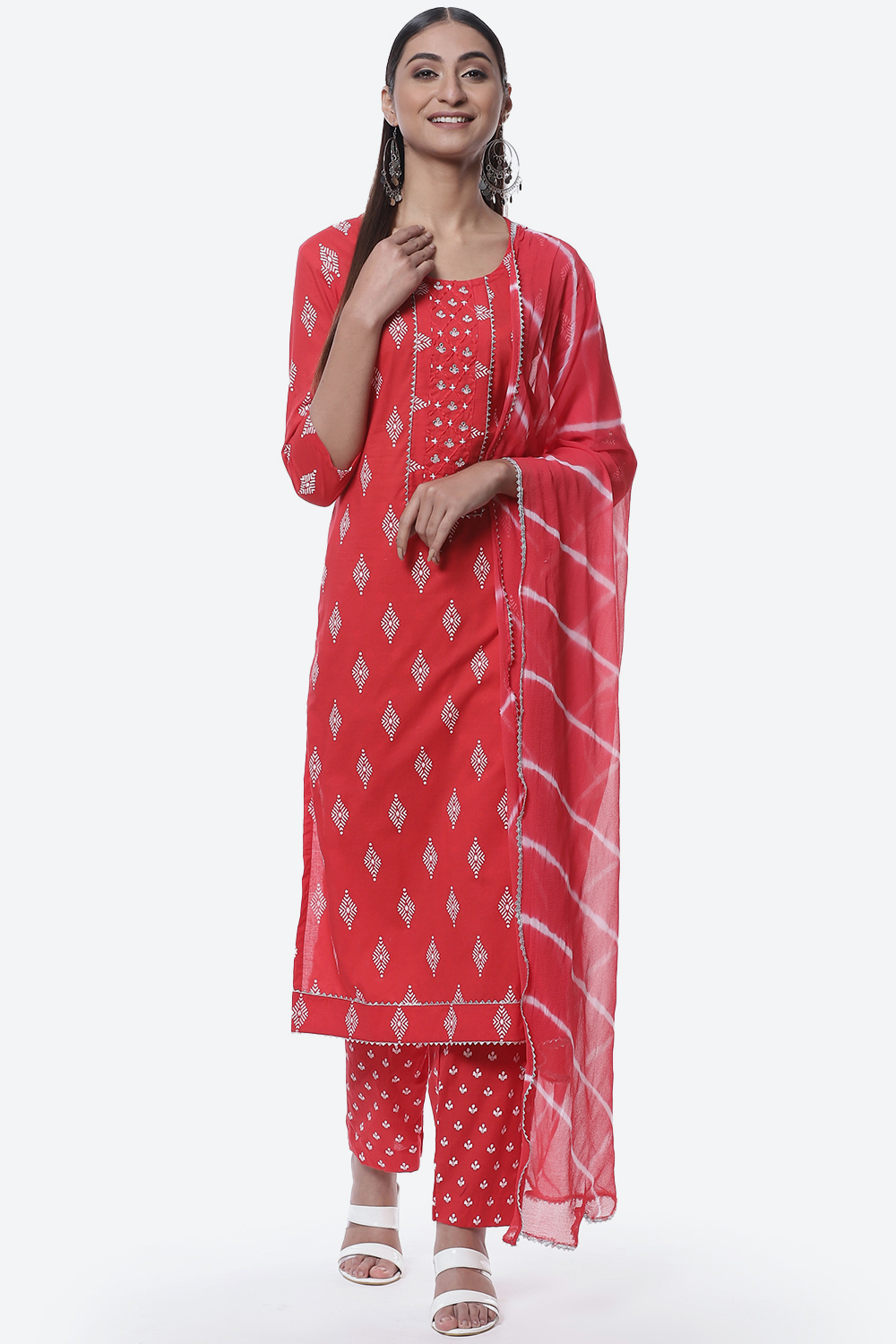 Buy Red Cotton Hand Embroidered Unstitched Suit Set For N A0 0 Biba India